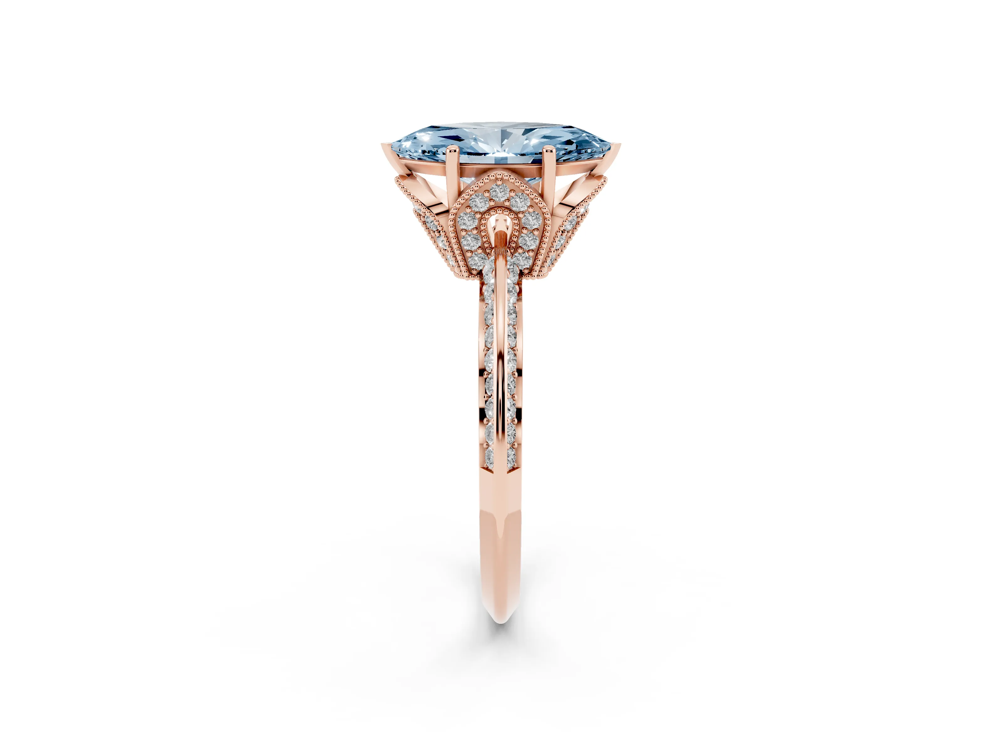 Fancy Blue Marquise Cut Diamond Solitaire Engagement Ring Set in Rose gold with Pavé Split Shank and Prong Setting