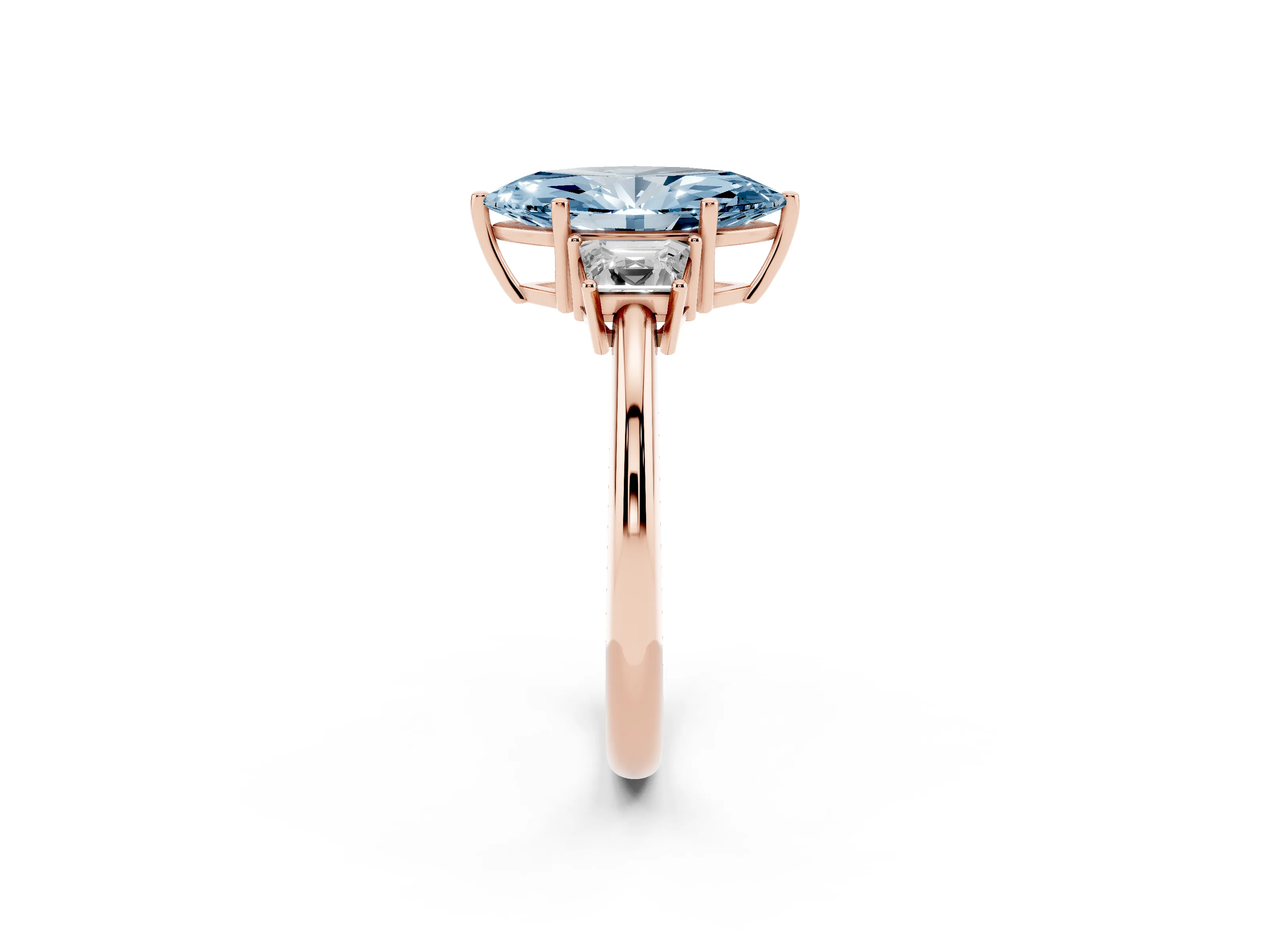 Fancy Blue Marquise Cut Diamond Three-Stone Ring Set in Rose gold with Trapezoid Side Stones and Prong Setting