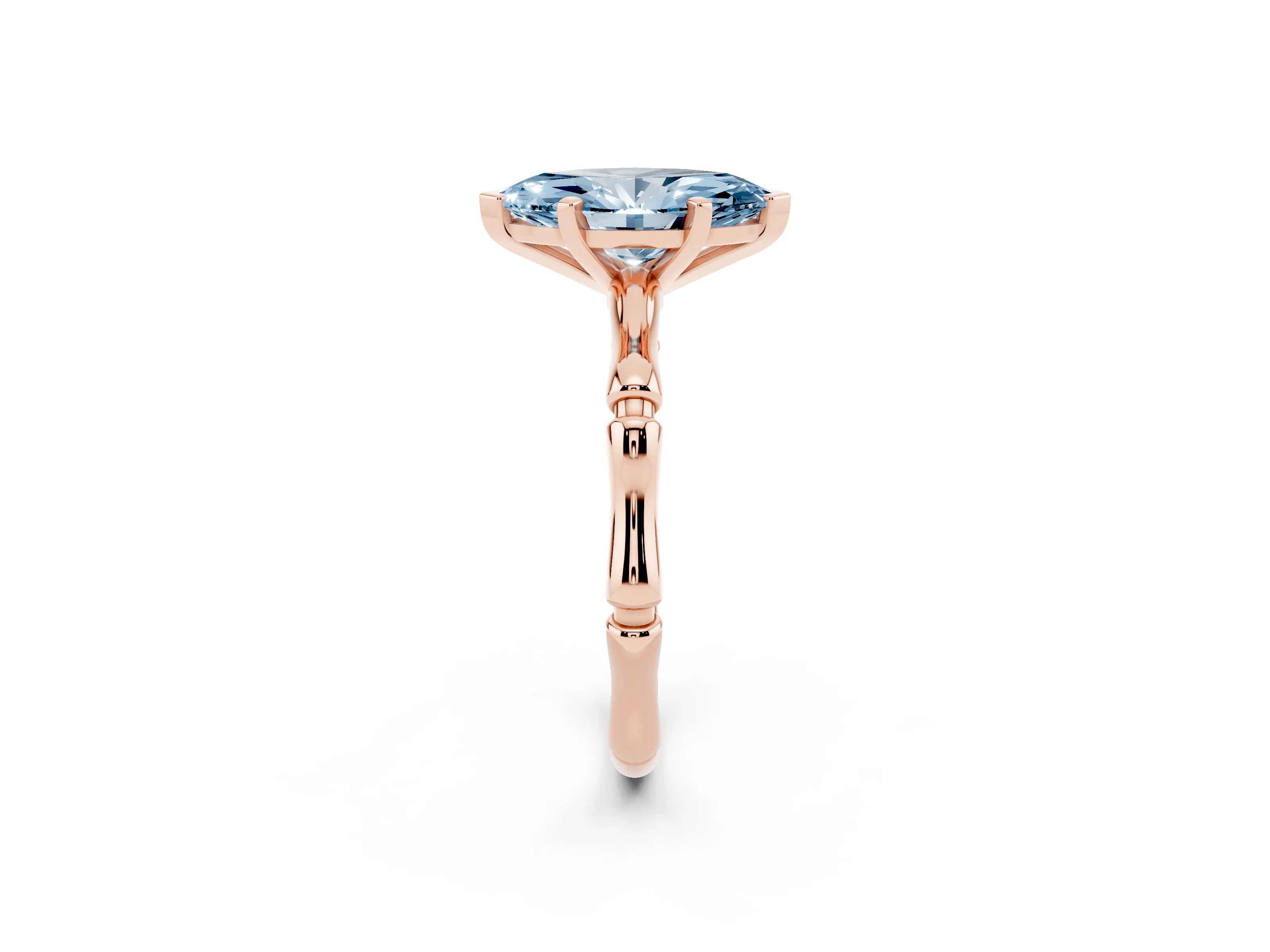 Fancy Blue Marquise Cut Diamond Solitaire Ring Set in Rose gold with Bamboo Band and Prong Setting