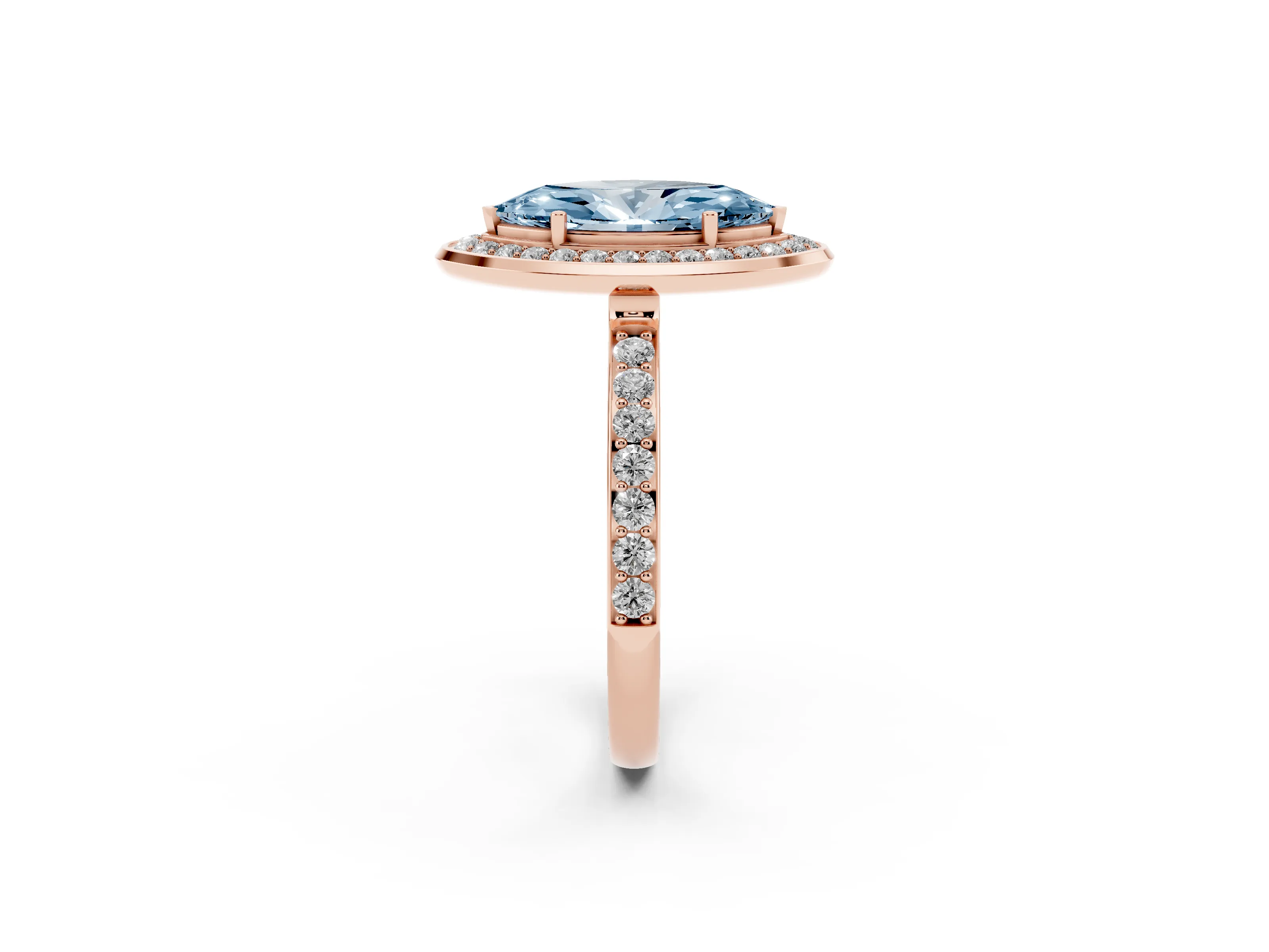 Fancy Blue Marquise Cut Diamond Halo Ring Set in Rose gold with Bezel Frame and Pavé Band