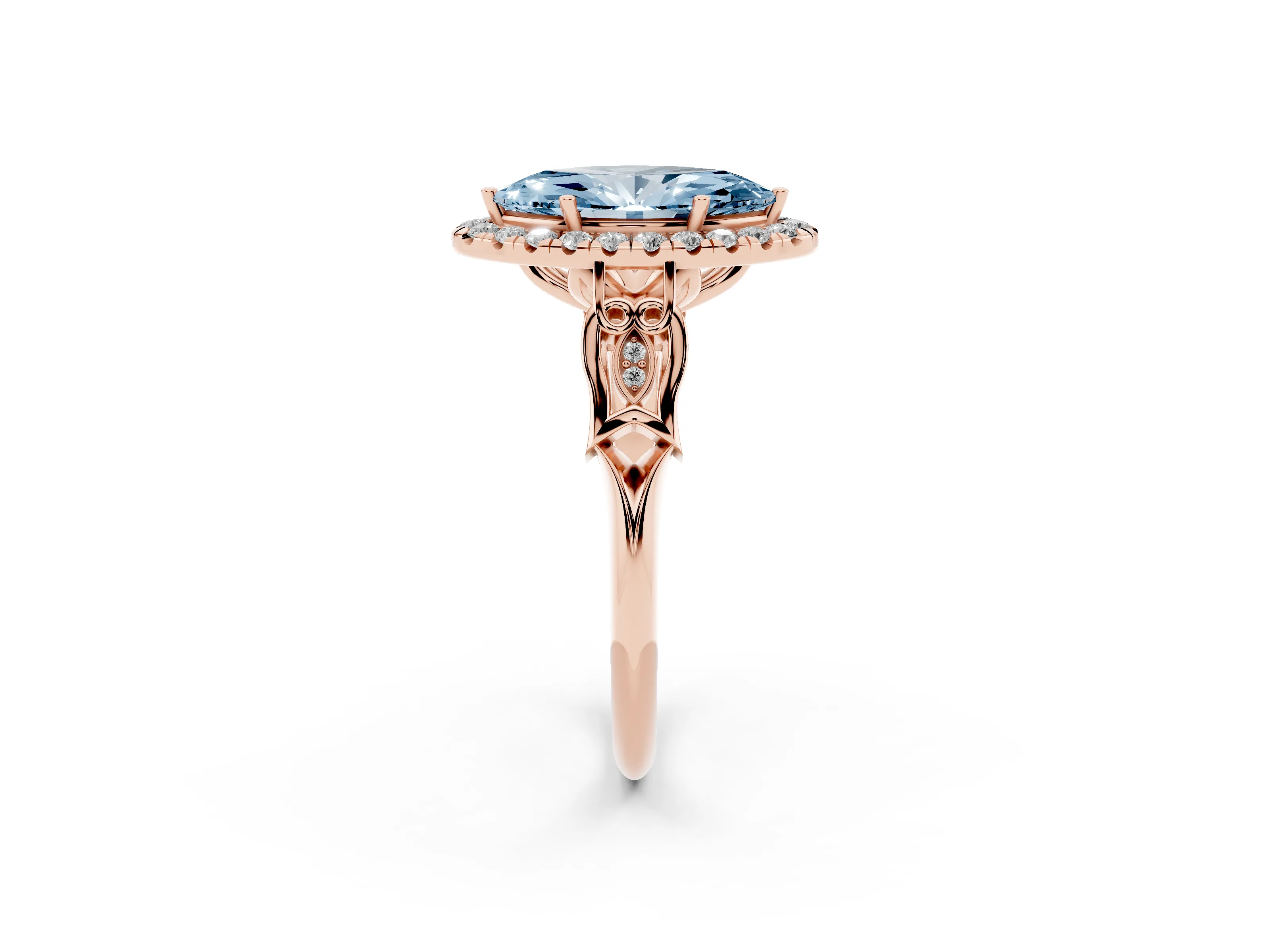 Fancy Blue Marquise Cut Diamond Halo Engagement Ring Set in Rose gold with Filigree Band and Prong-Set Center