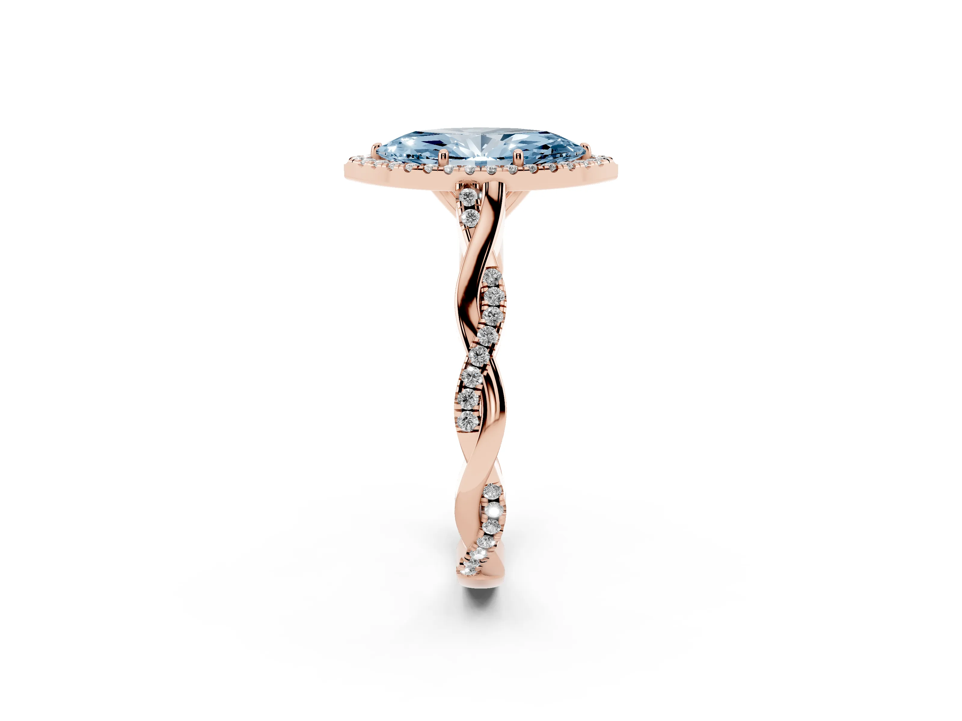 Fancy Blue Marquise Cut Diamond Halo Twist Band Solitaire Ring Set in Rose gold with Prong Setting