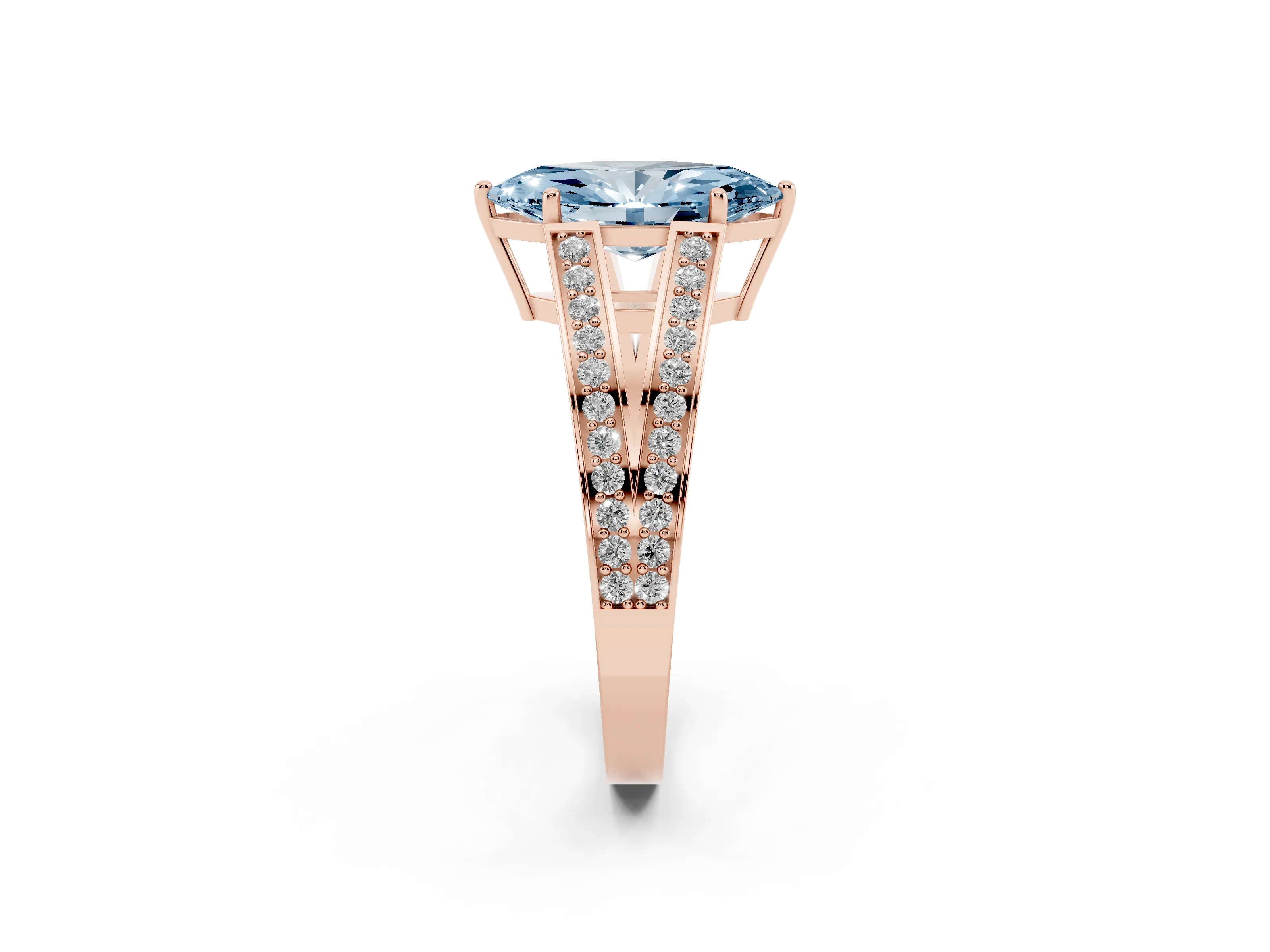 Fancy Blue Marquise Cut Diamond Split Shank Ring Set in Rose gold with Pavé Band and Prong Setting