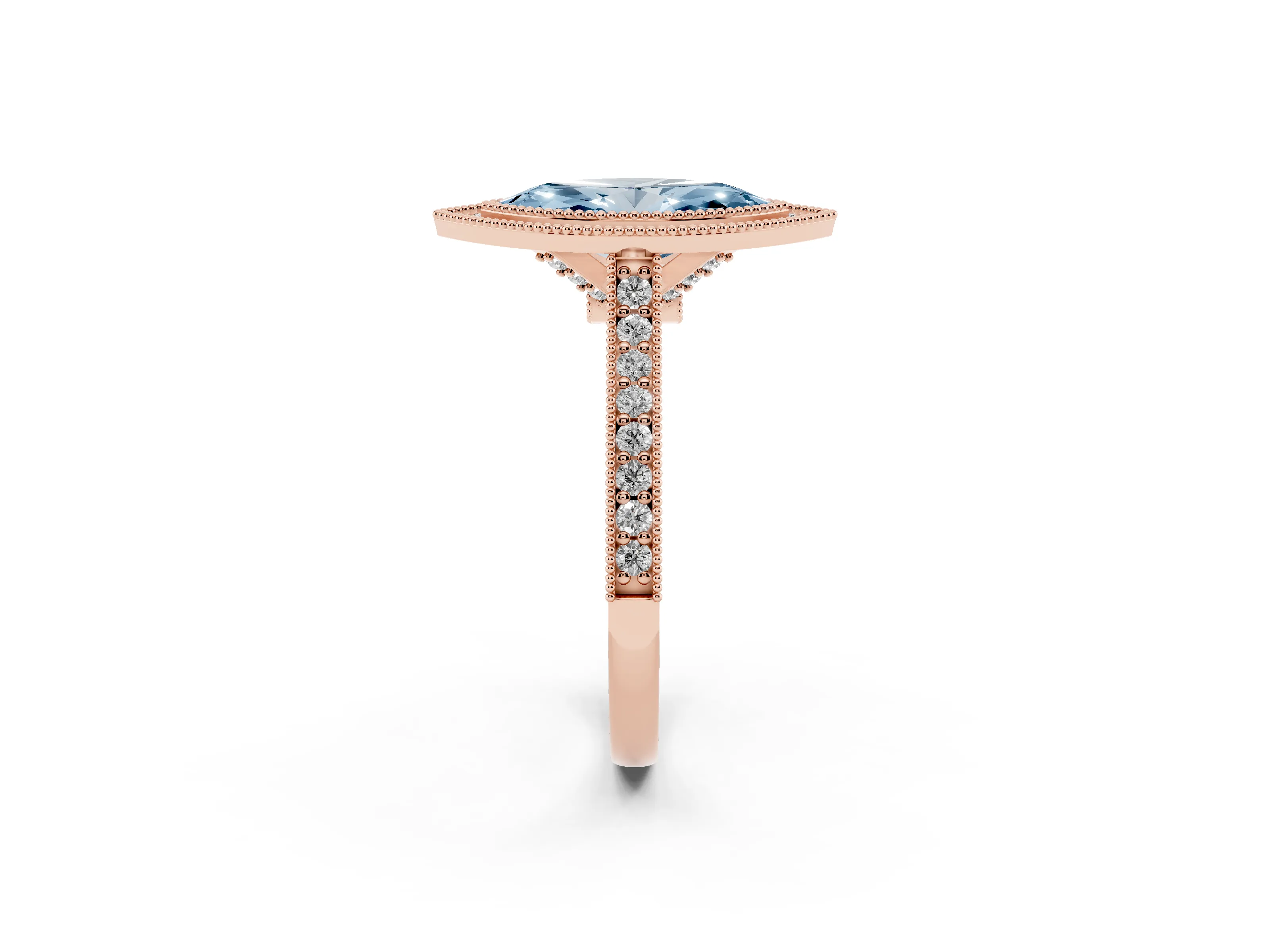 Fancy Blue Marquise Cut Diamond Halo Milgrain Pavé Band Ring Set in Rose gold with Prong Setting