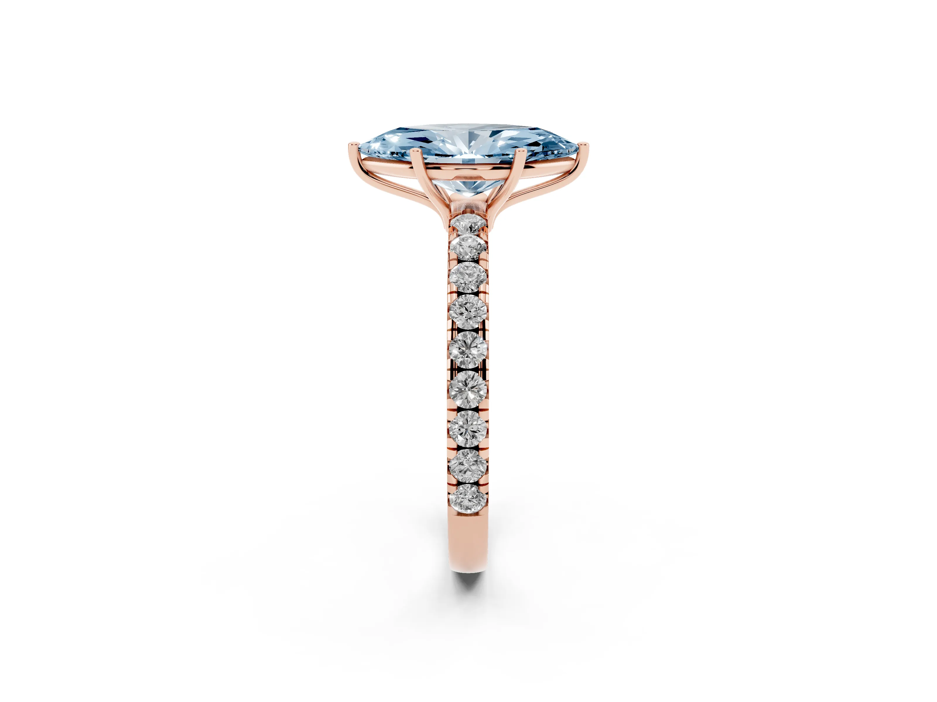 Fancy Blue Marquise Cut Diamond Pavé Solitaire Engagement Ring Set in Rose gold with Prong Setting
