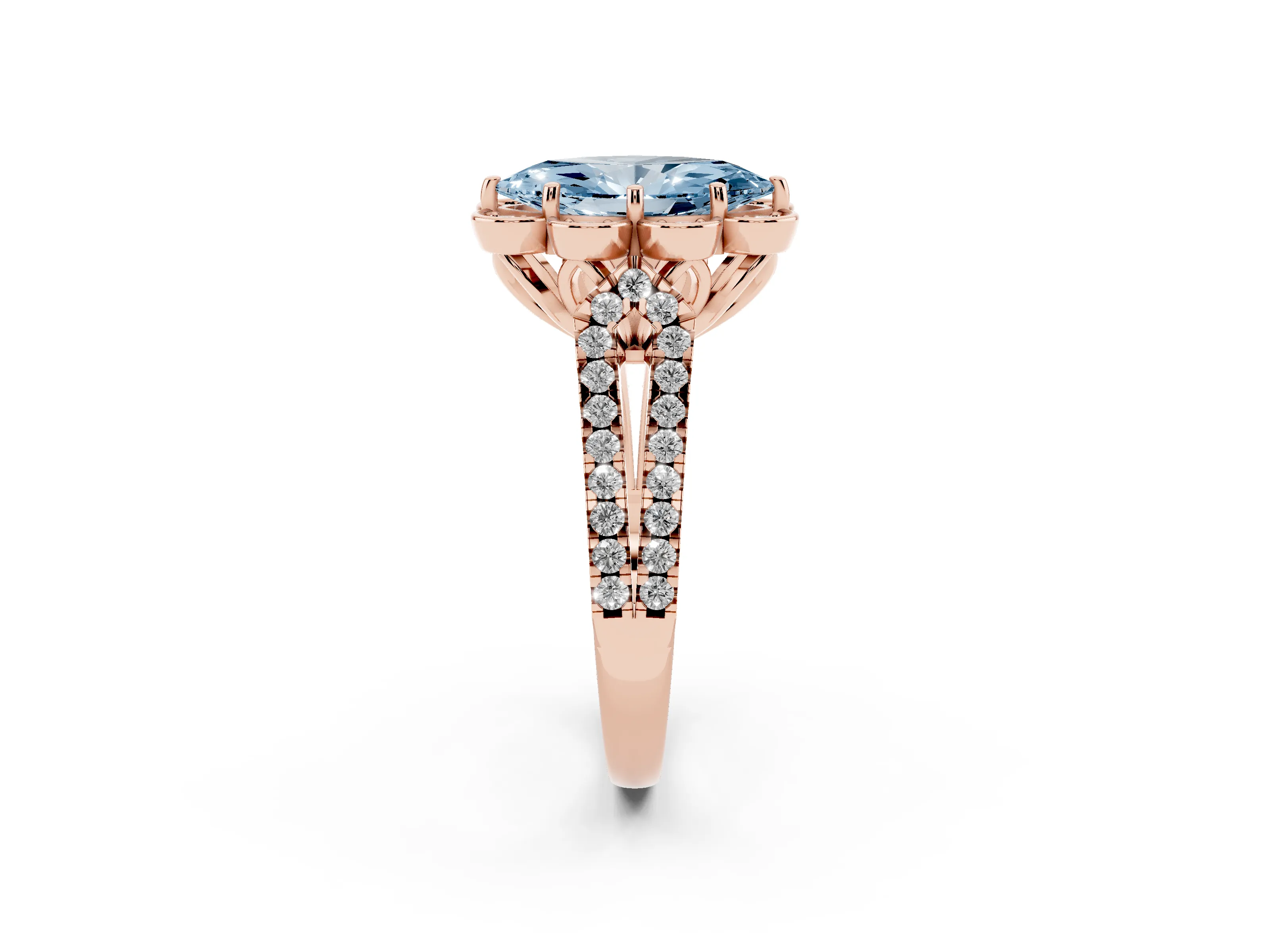 Fancy Blue Marquise Cut Diamond Floral Halo Split Shank Engagement Ring Set in Rose gold with Pavé Shank