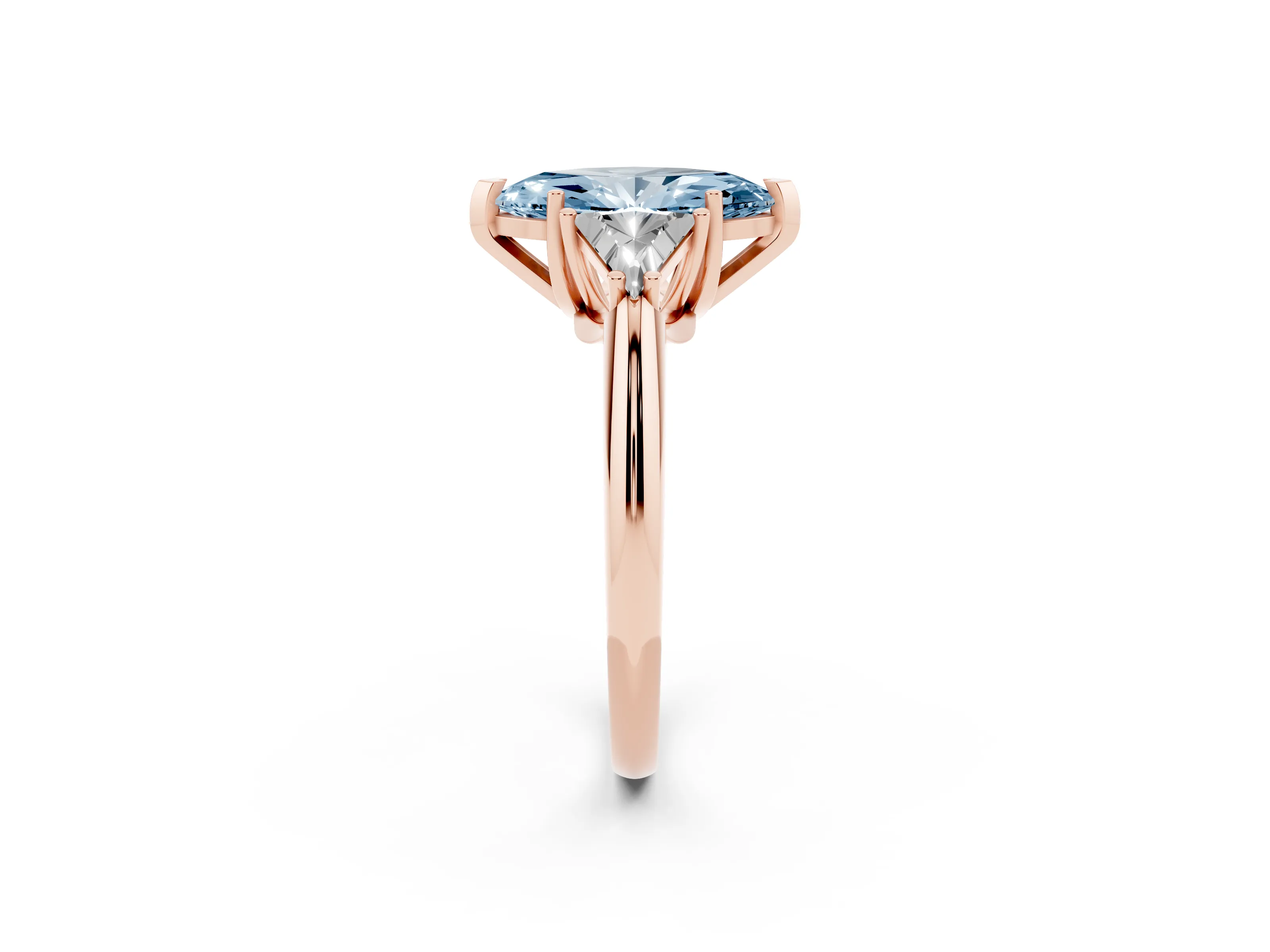 Fancy Blue Marquise Cut Diamond Three-Stone Engagement Ring Set in Rose gold with Trillion Side Stones