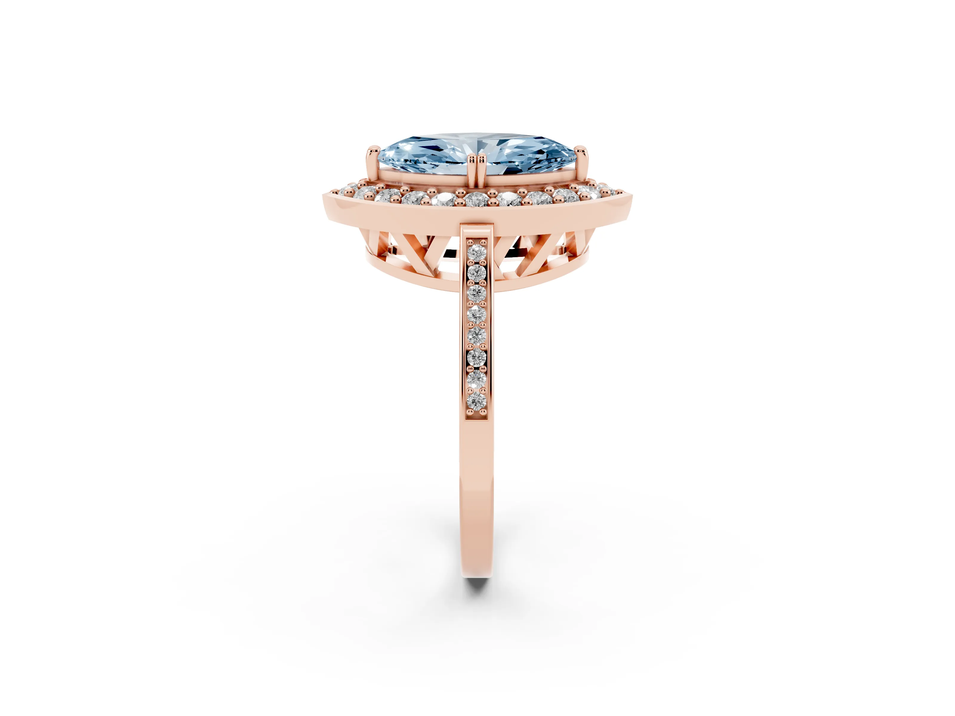 Fancy Blue Marquise Cut Diamond Halo Ring Set in Rose gold with Accent-Lined Split Shank and Prong Setting