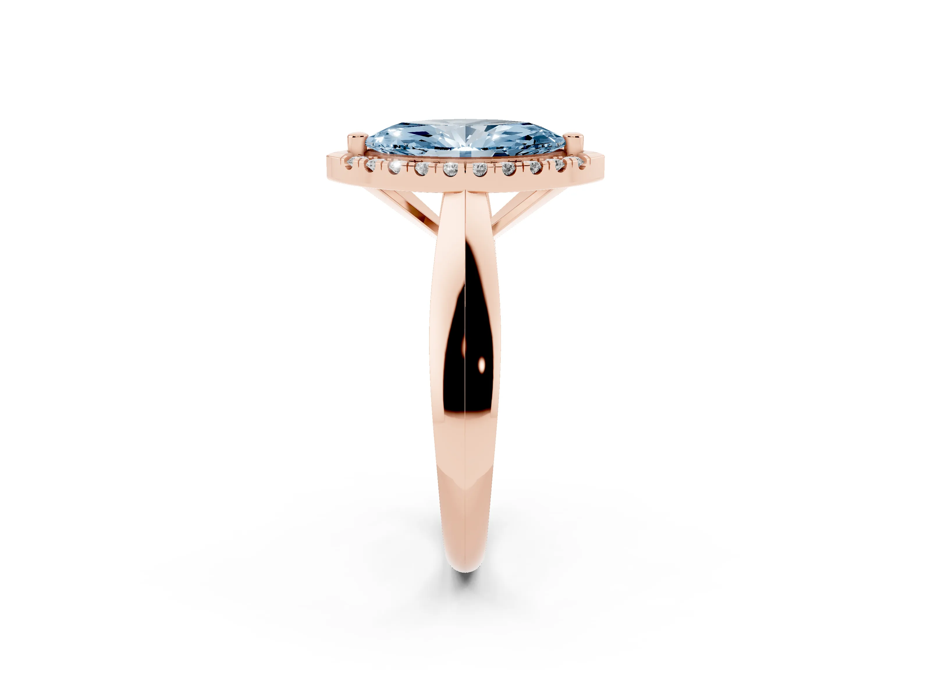 Fancy Blue Marquise Cut Diamond Halo Solitaire Engagement Ring Set in Rose gold with Square Band and Prong Setting