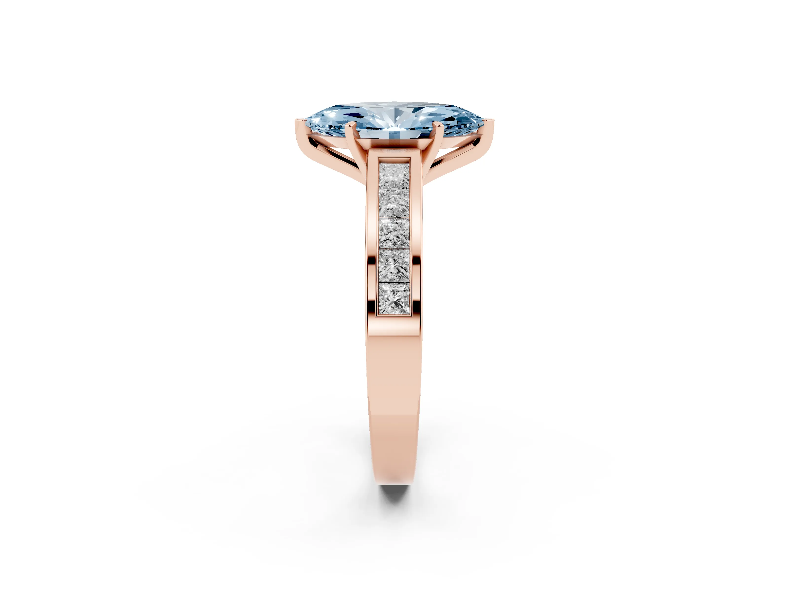Fancy Blue Marquise Cut Diamond Solitaire Ring Set in Rose gold with Channel-Set Band and Prong Setting