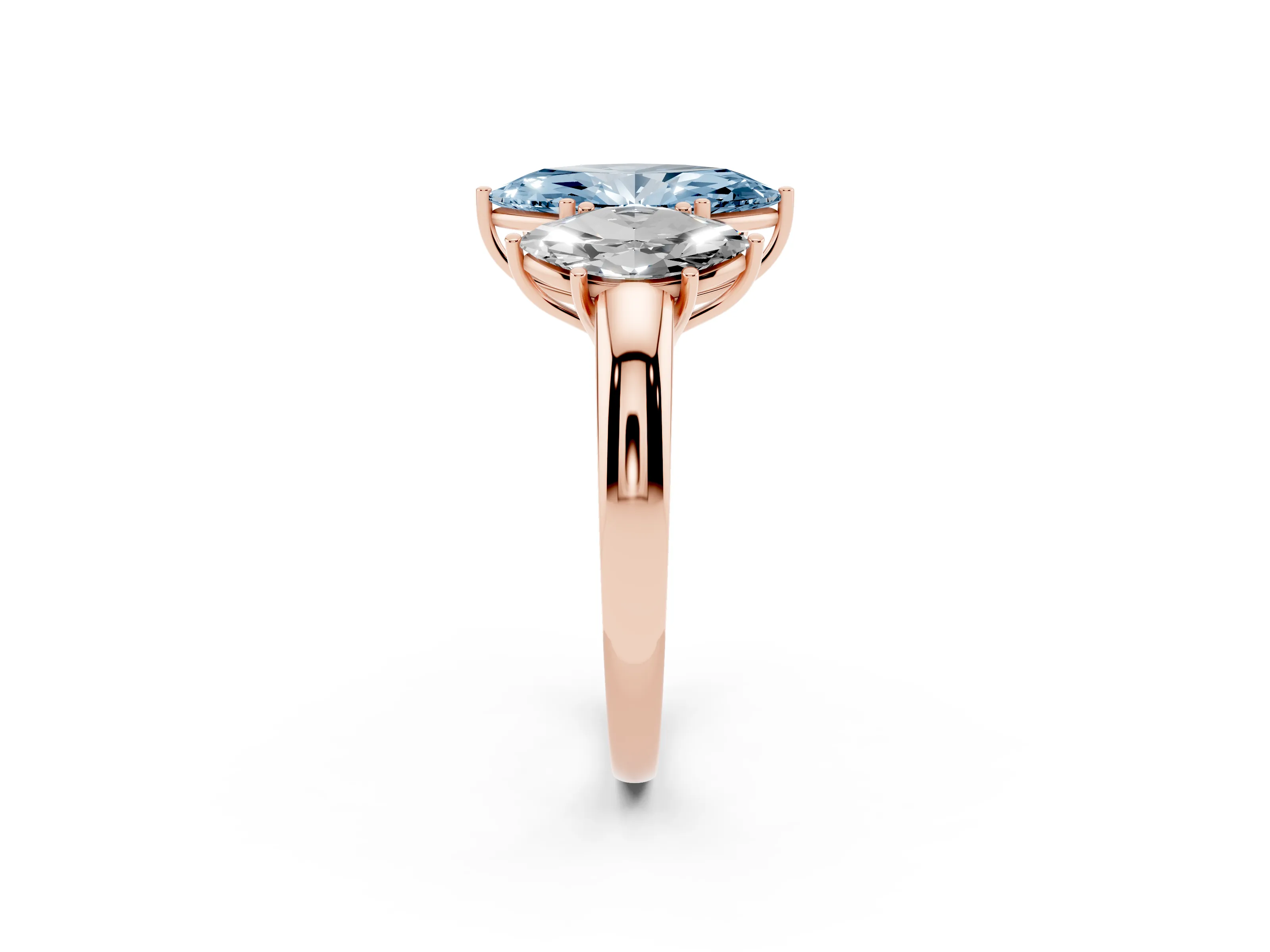 Fancy Blue Marquise Cut Diamond Three-Stone Ring Set in Rose gold with Bold Center and Classic Band