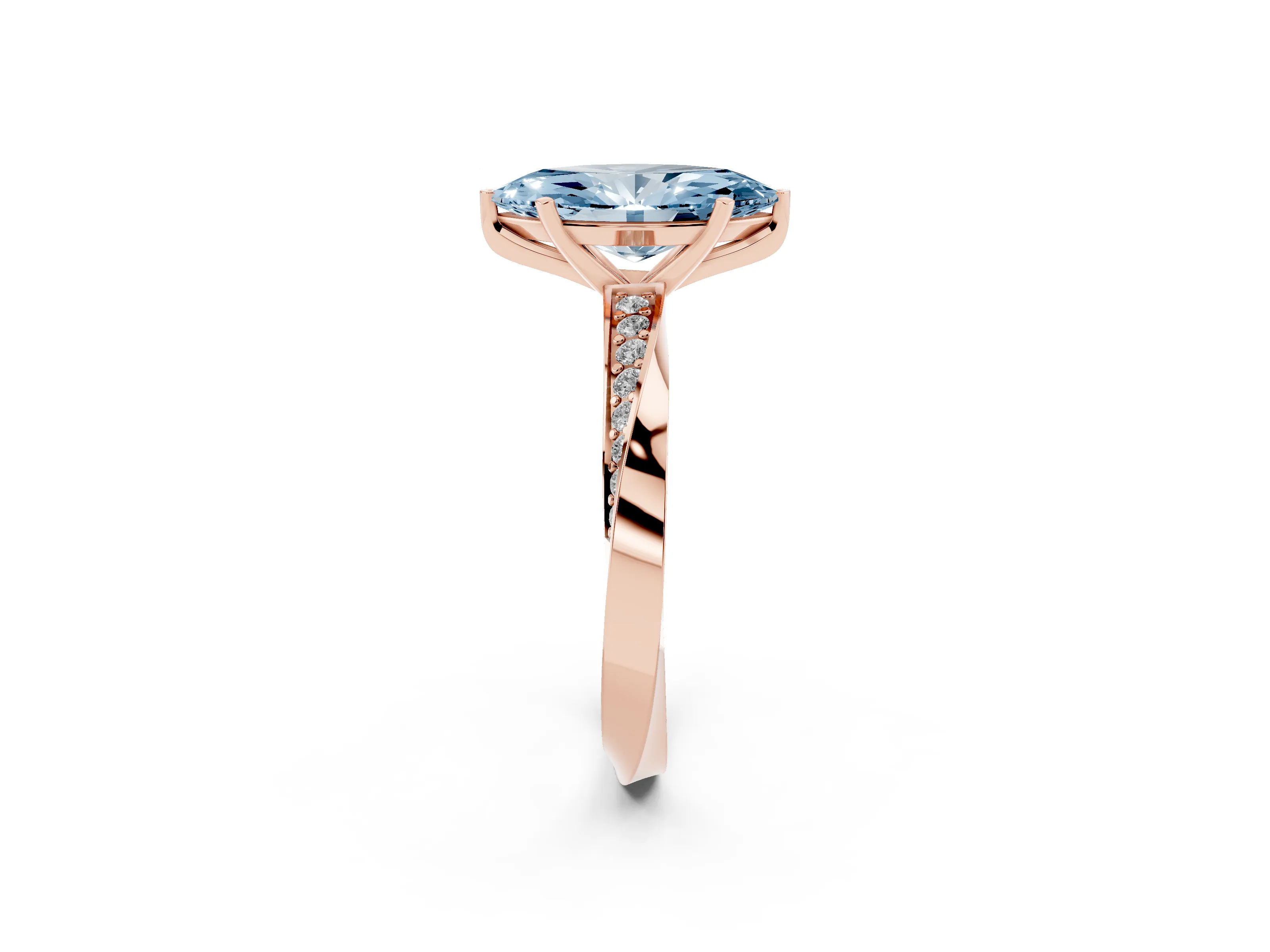 Fancy Blue Marquise Cut Diamond Engagement Ring Set in Rose gold with Side Stone Accents and Prong Setting