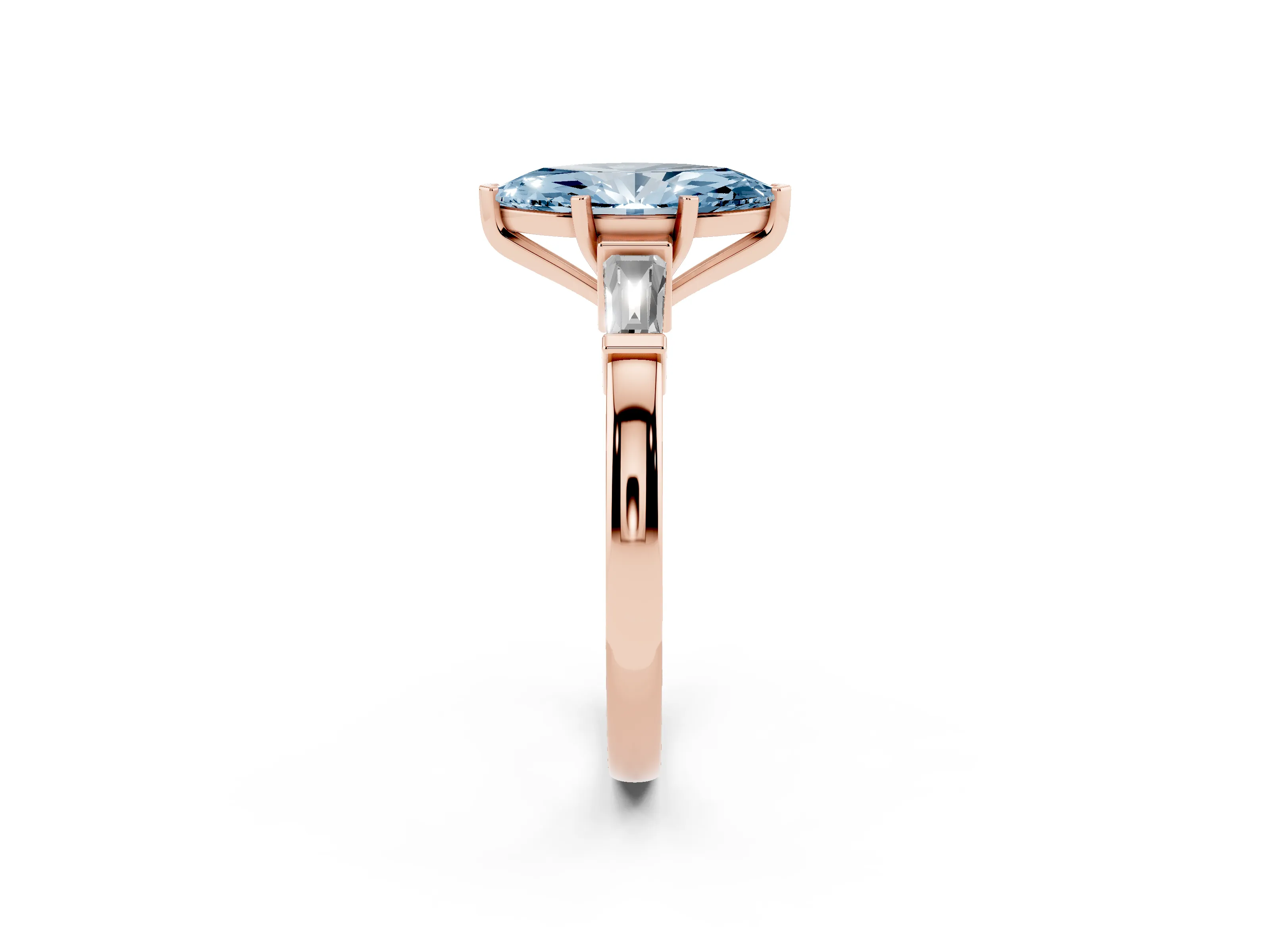 Fancy Blue Marquise Cut Diamond Solitaire Ring Set in Rose gold with Tapered Baguette Accents and Prong Setting