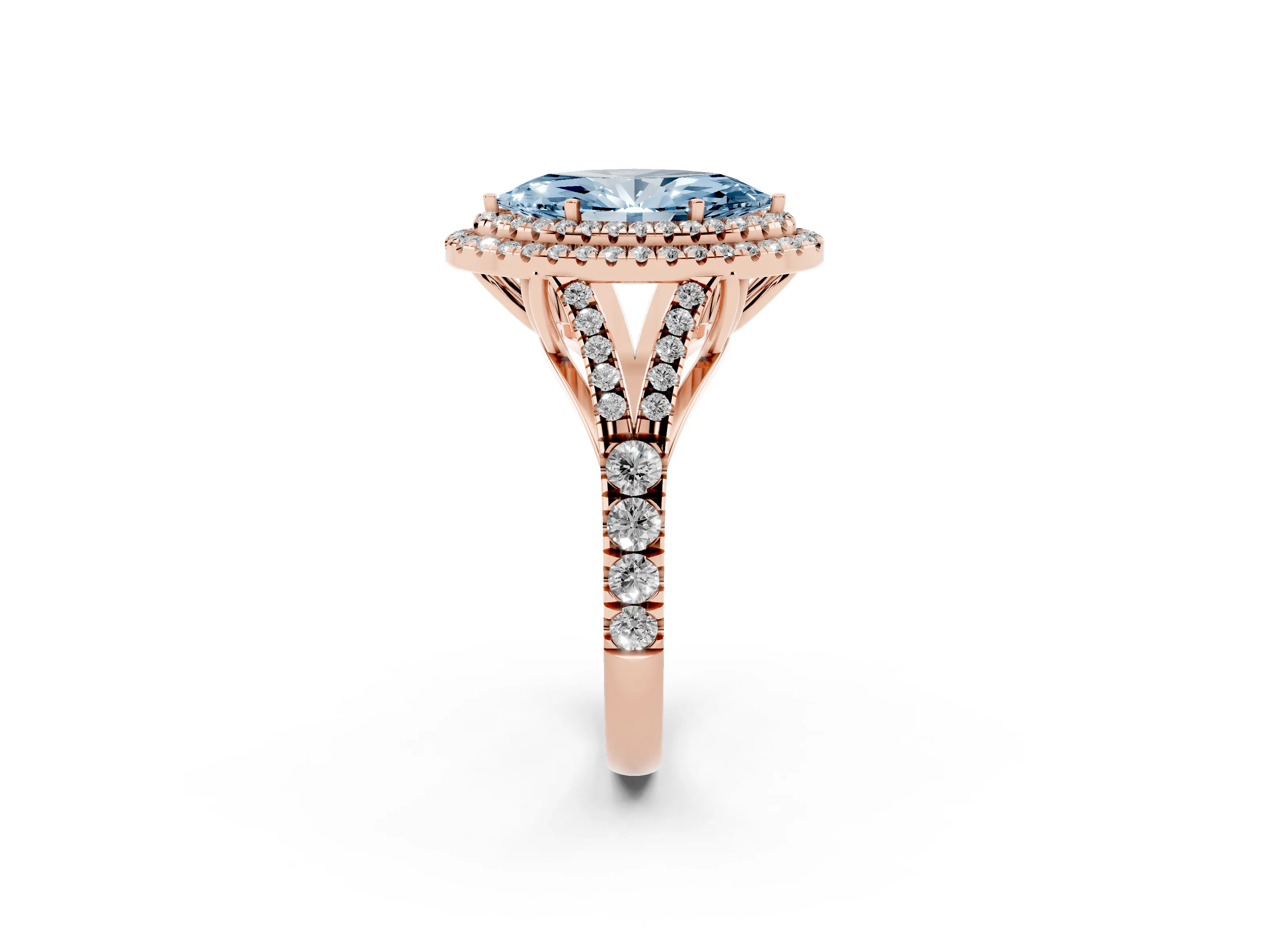 Fancy Blue Marquise Cut Diamond Pavé Split Shank Double Halo Engagement Ring Set in Rose gold