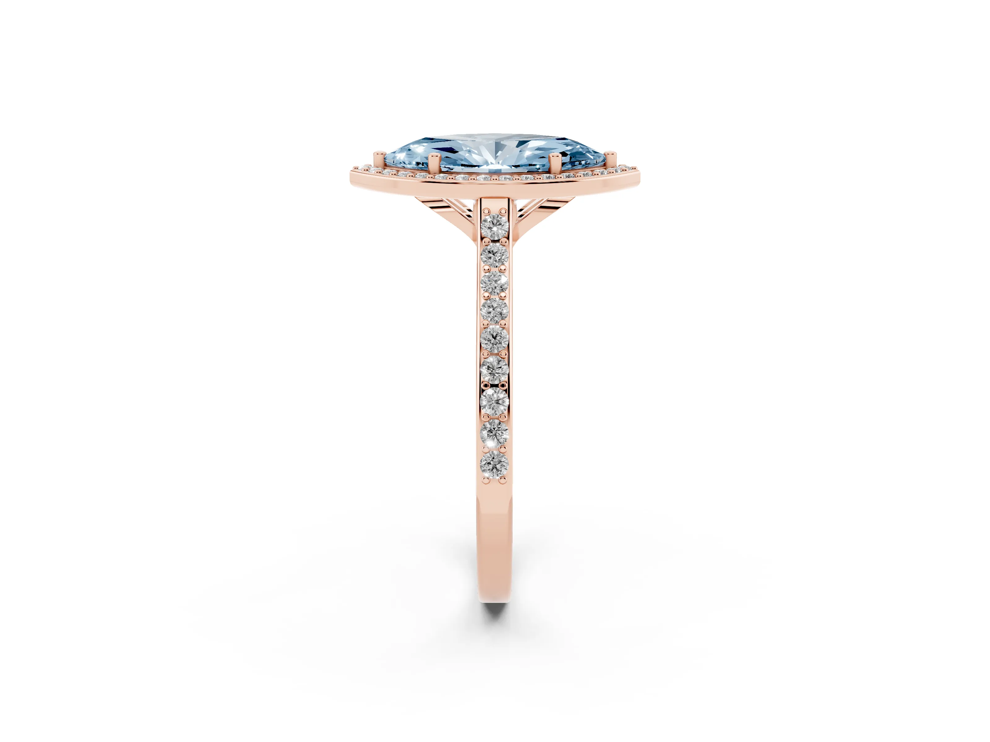 Fancy Blue Marquise Cut Diamond Halo Engagement Ring Set in Rose gold with Round Pavé Shoulders and Heart Gallery