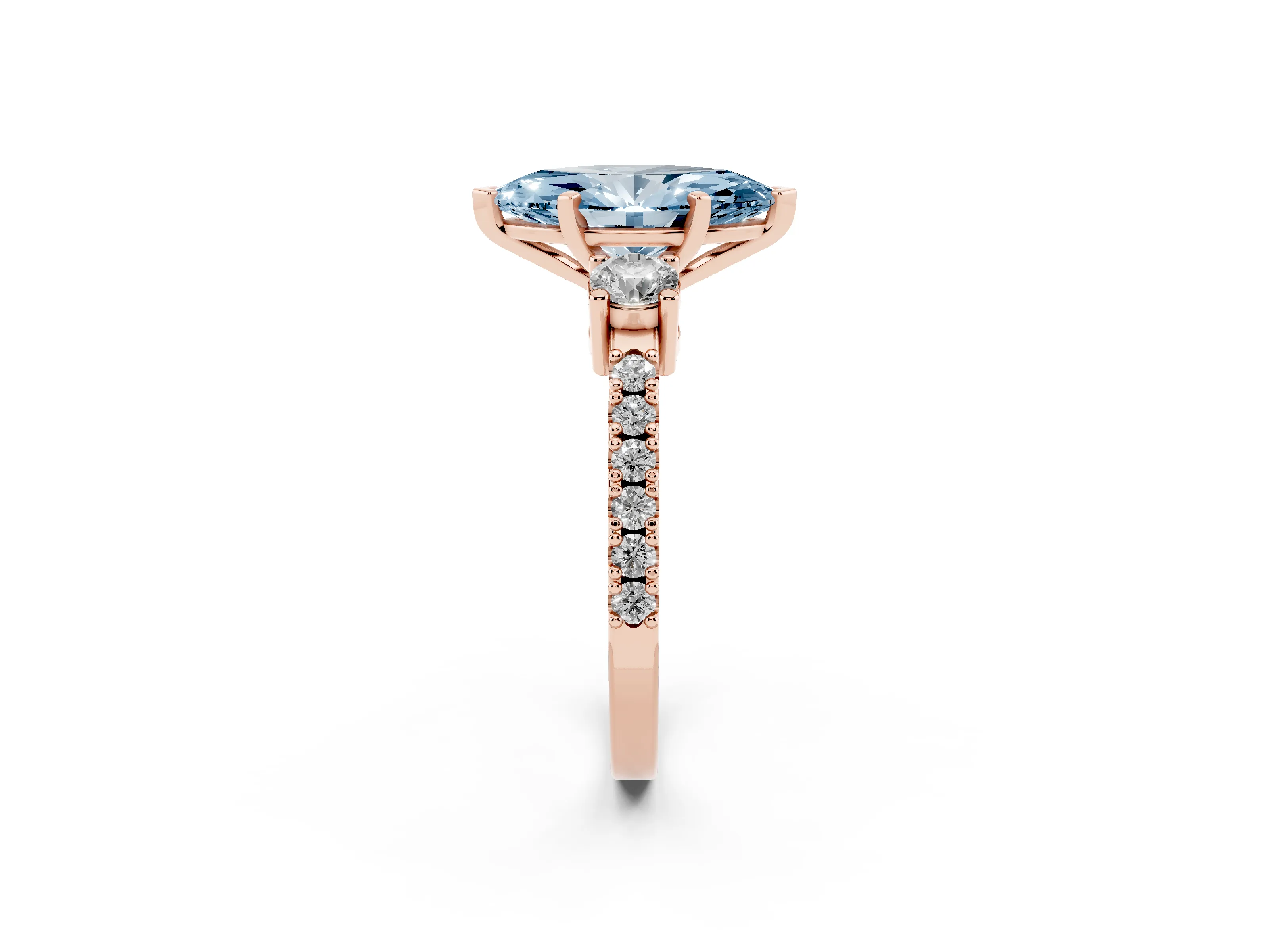 Fancy Blue Three-Stone Marquise Cut Diamond Pavé Band Ring Set in Rose gold with Prong Setting