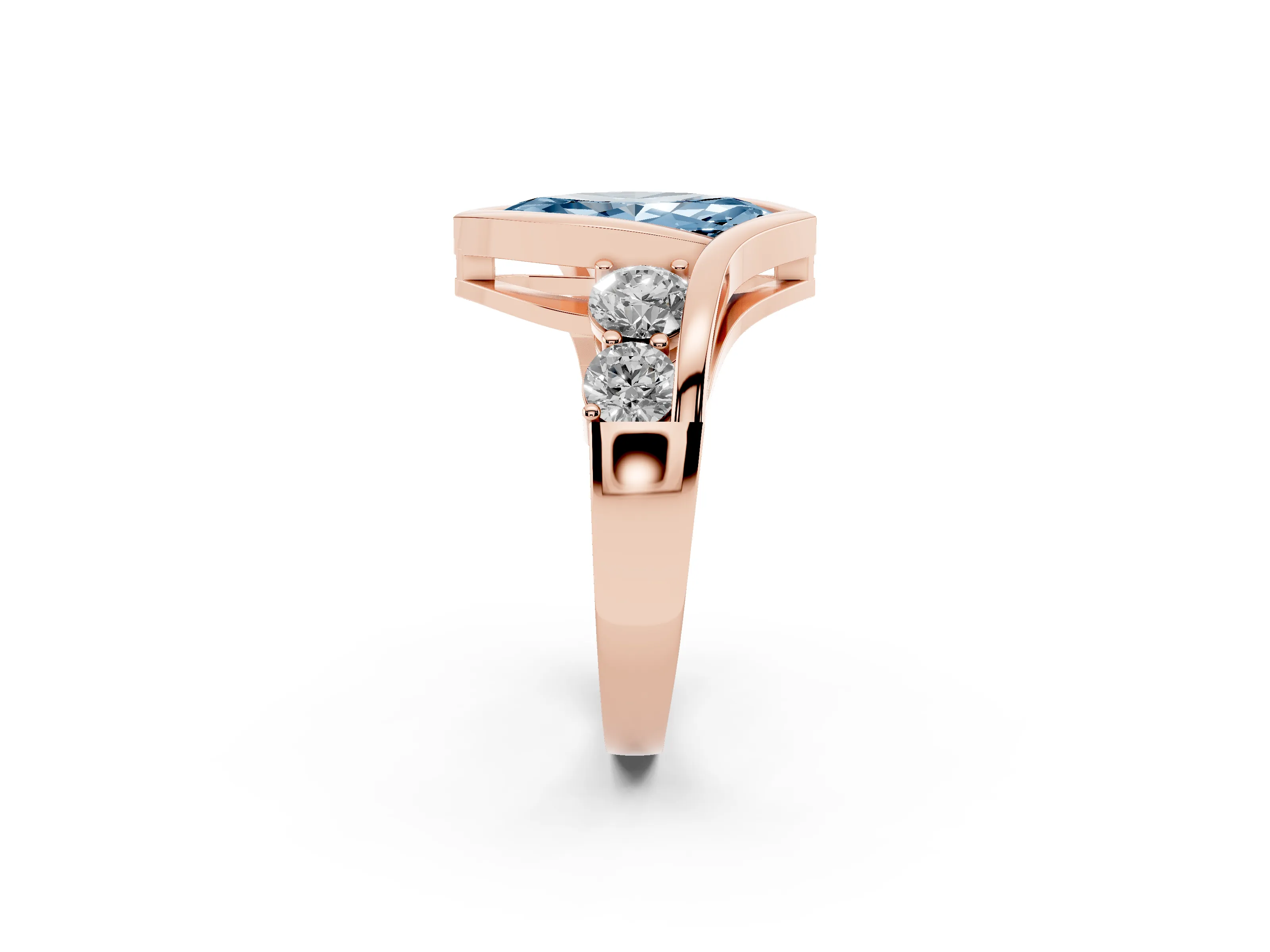 Fancy Blue Marquise Cut Diamond Bezel Bypass Ring Set in Rose gold with Round Accents