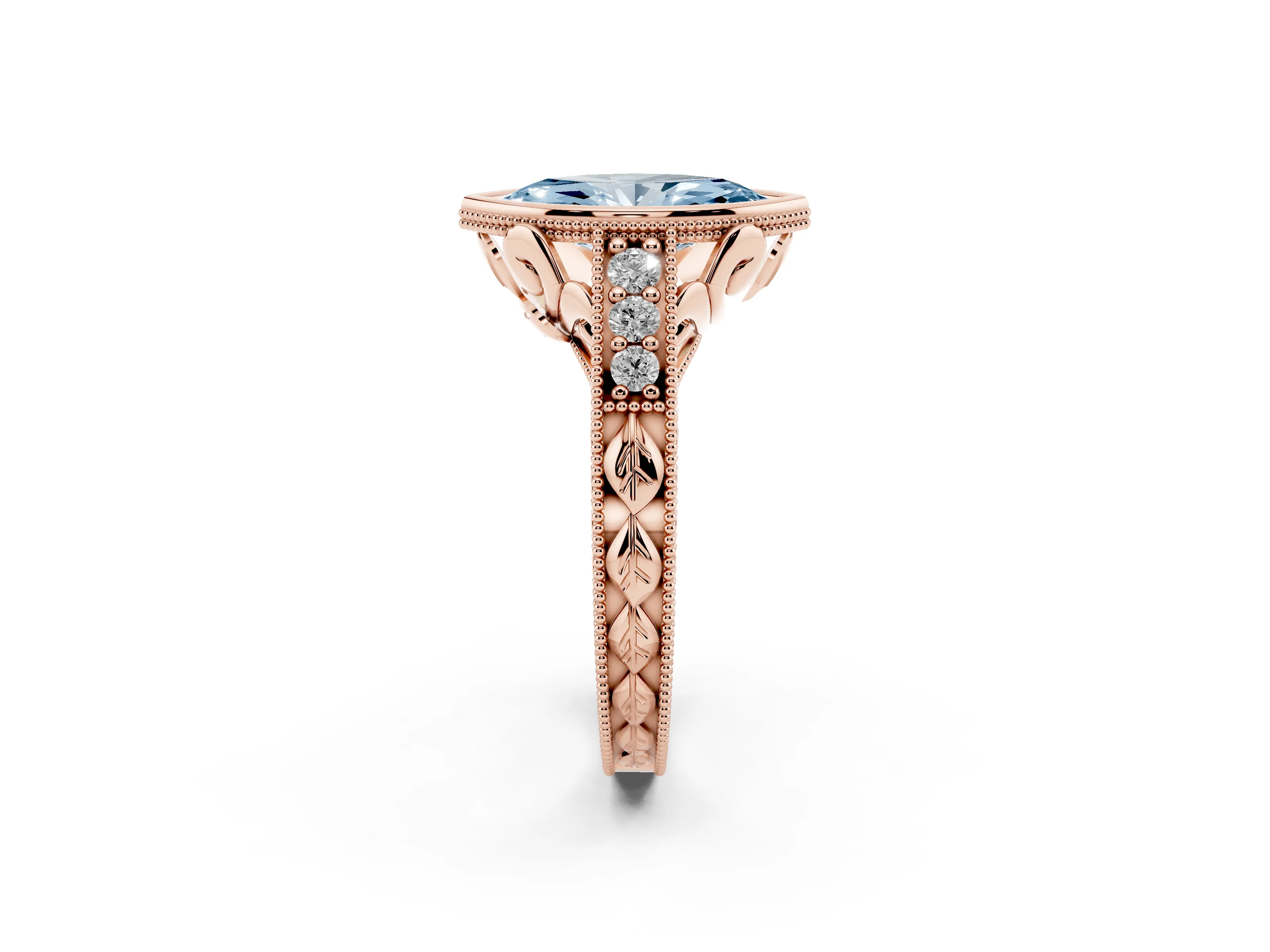 Fancy Blue Bezel Set Marquise Cut Diamond Milgrain Pavé Engagement Ring Set in Rose gold