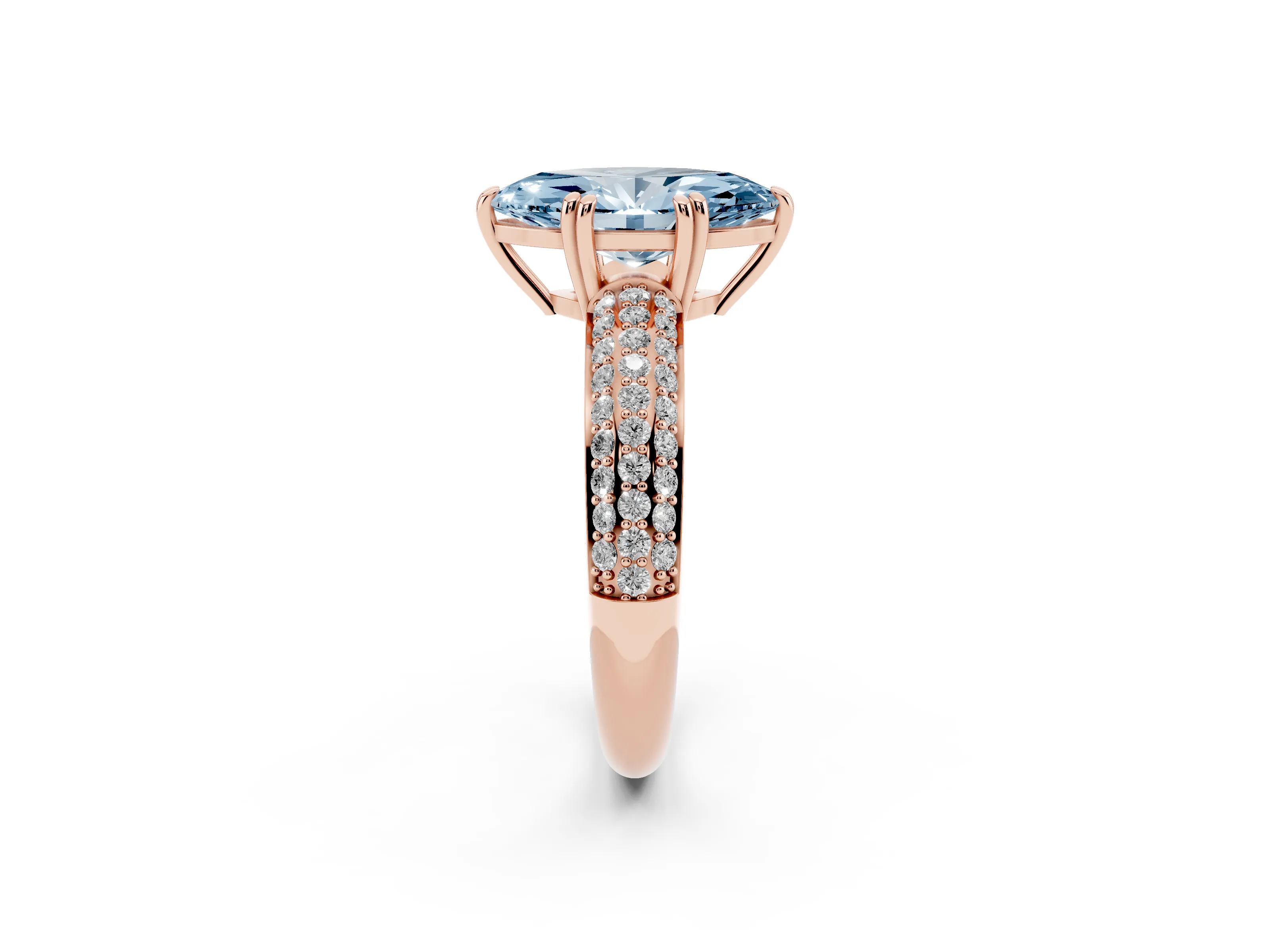 Fancy Blue Marquise Cut Diamond Solitaire Ring Set in Rose gold with Multi-Row Round Pavé Band and Prong Setting