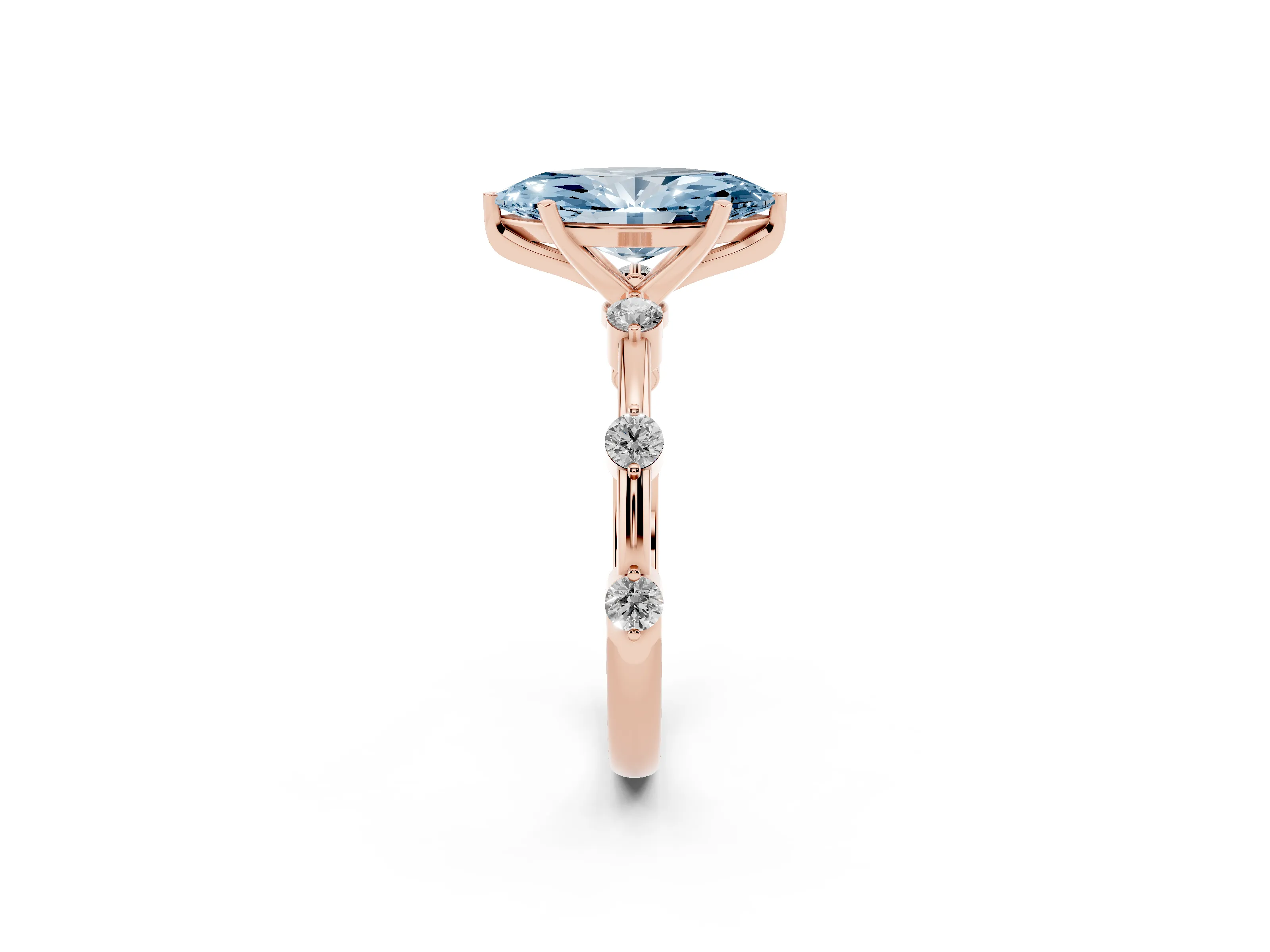Fancy Blue Marquise Cut Diamond Solitaire Ring Set in Rose gold with Bezel Set Side Stones and Prong Setting