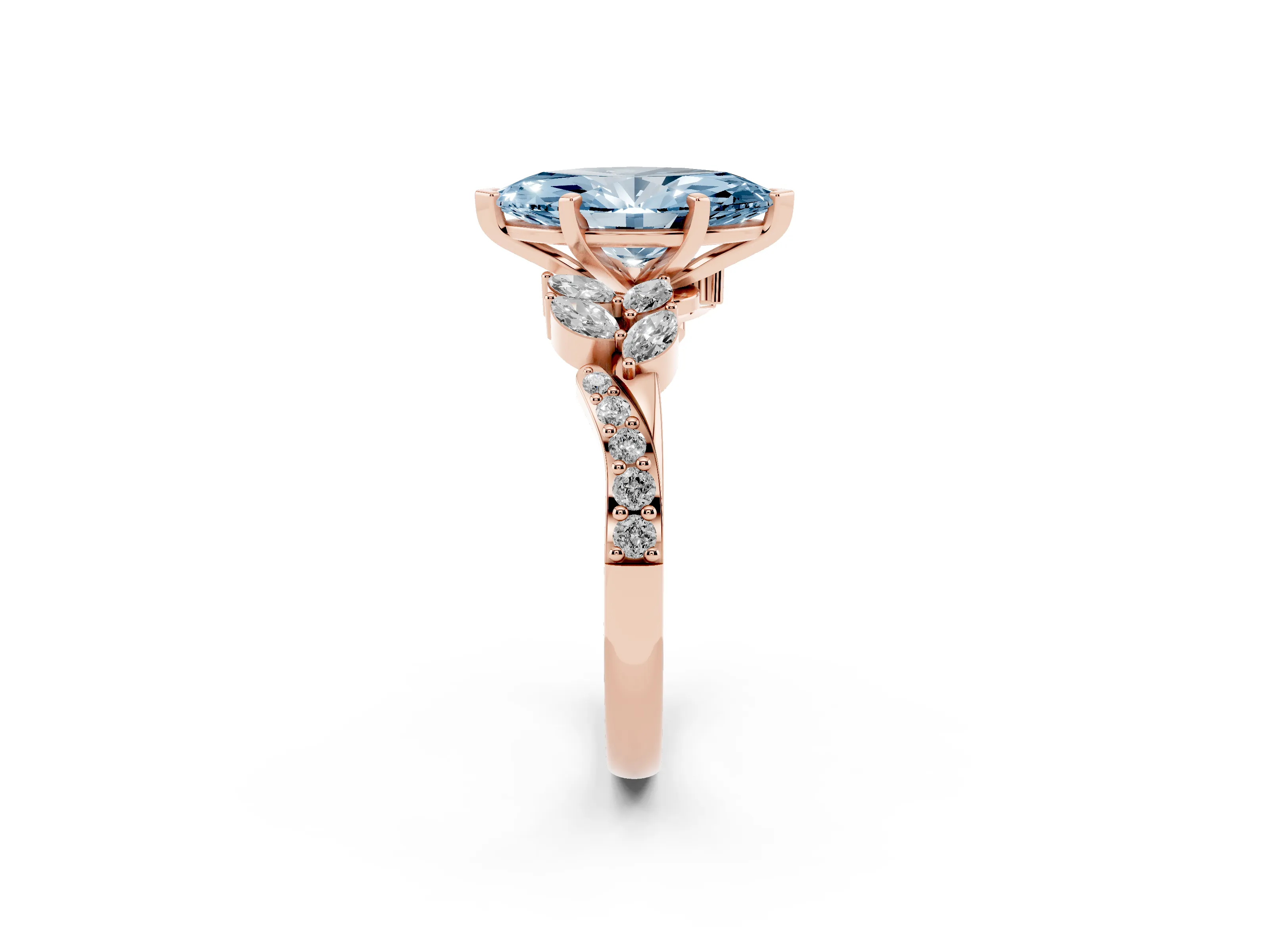 Fancy Blue Marquise Cut Diamond Solitaire Ring Set in Rose gold with Marquise Twist Band and Prong Setting