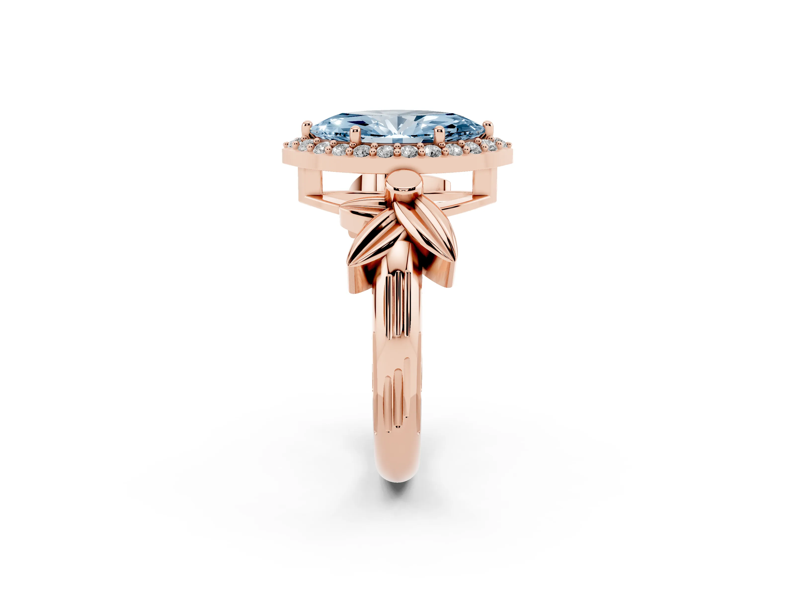 Fancy Blue Marquise Cut Diamond Halo Floral Band Ring Set in Rose gold with Prong Setting