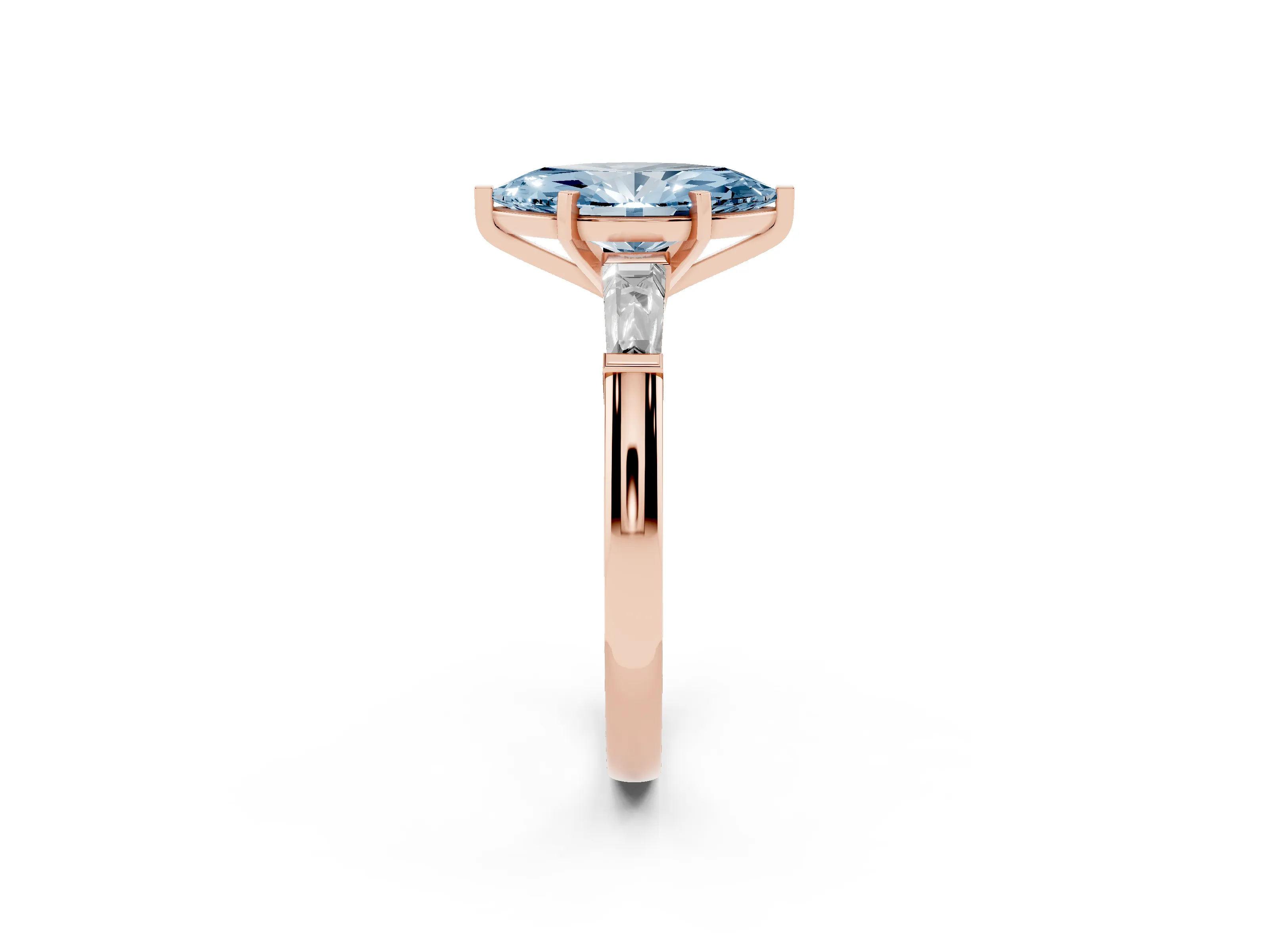 Fancy Blue Marquise Cut Diamond Solitaire Ring Set in Rose gold with Tapered Baguette Side Stones and Prong Setting