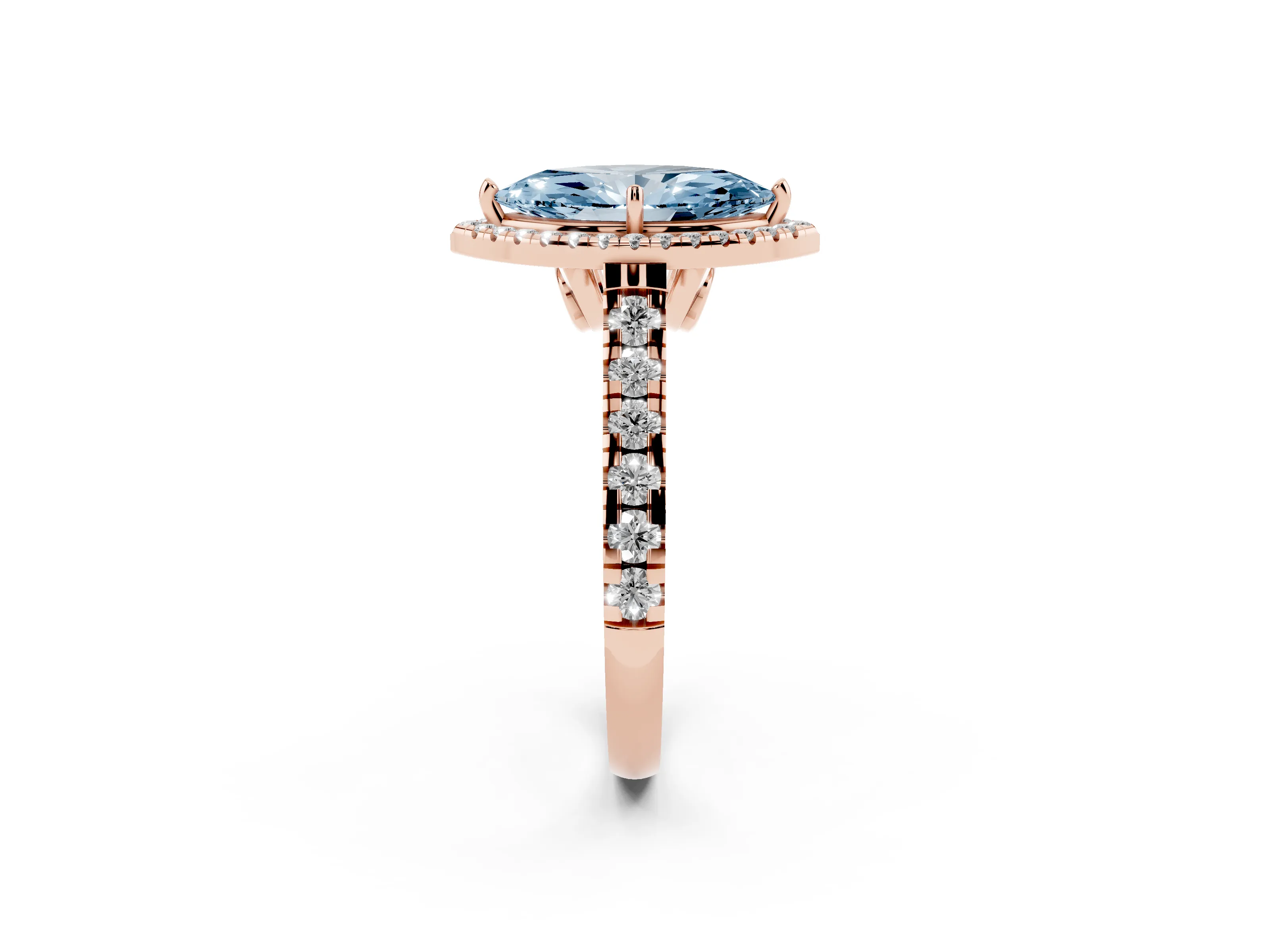 Fancy Blue Marquise Cut Diamond Halo Engagement Ring Set in Rose gold with Pavé Band and Prong-Set Center