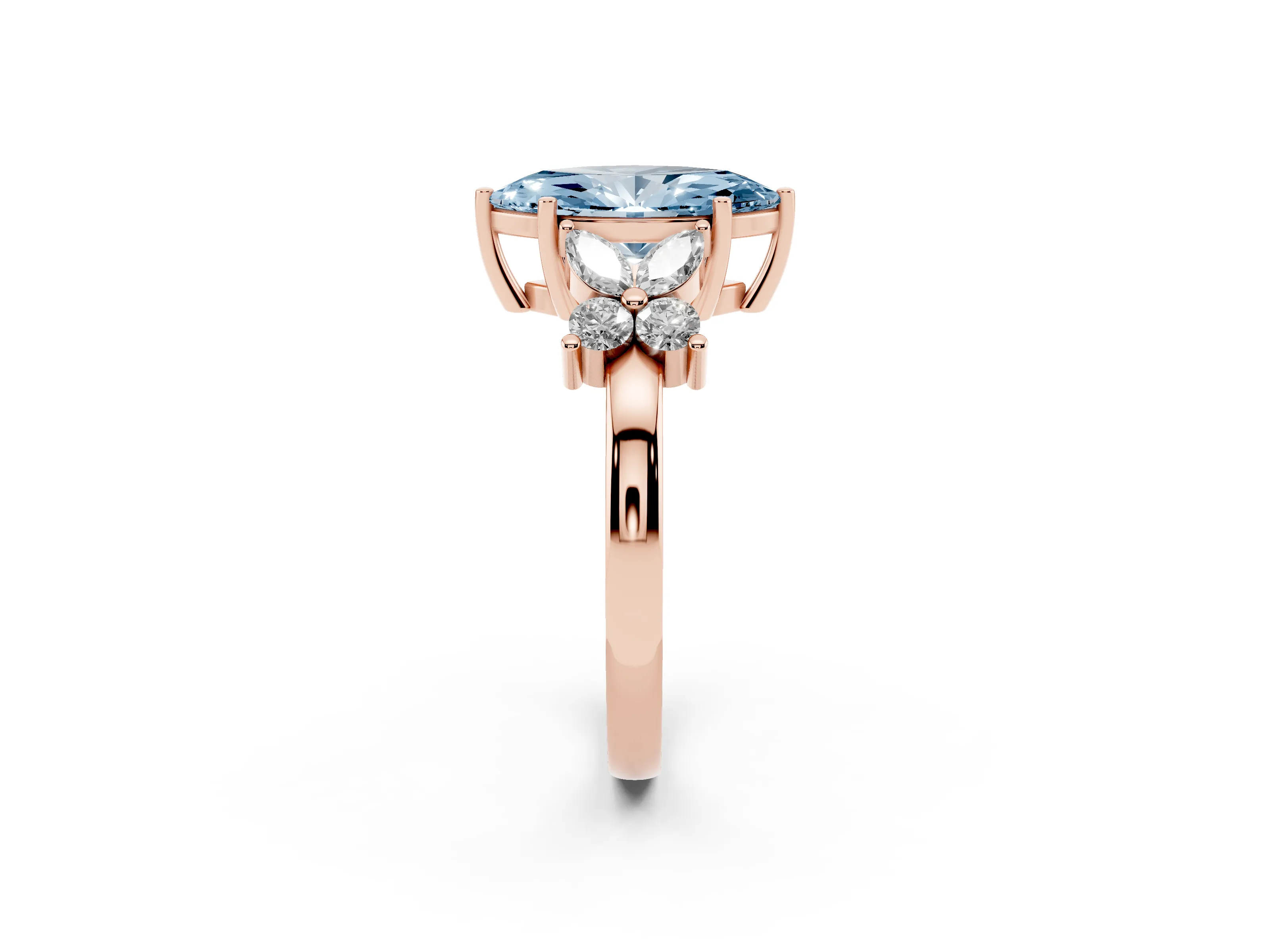 Fancy Blue Marquise Cut Diamond Floral Cluster Ring Set in Rose gold with Marquise Petals and Prong Setting