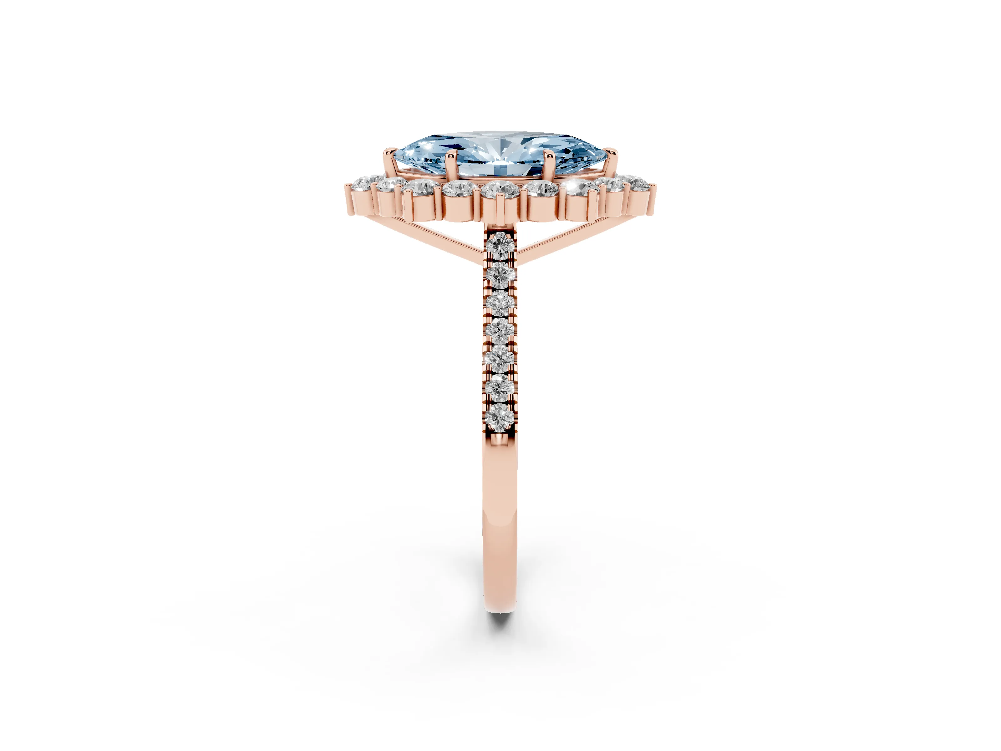 Fancy Blue Marquise Cut Diamond Halo Ring Set in Rose gold with Pavé Band and Prong Setting