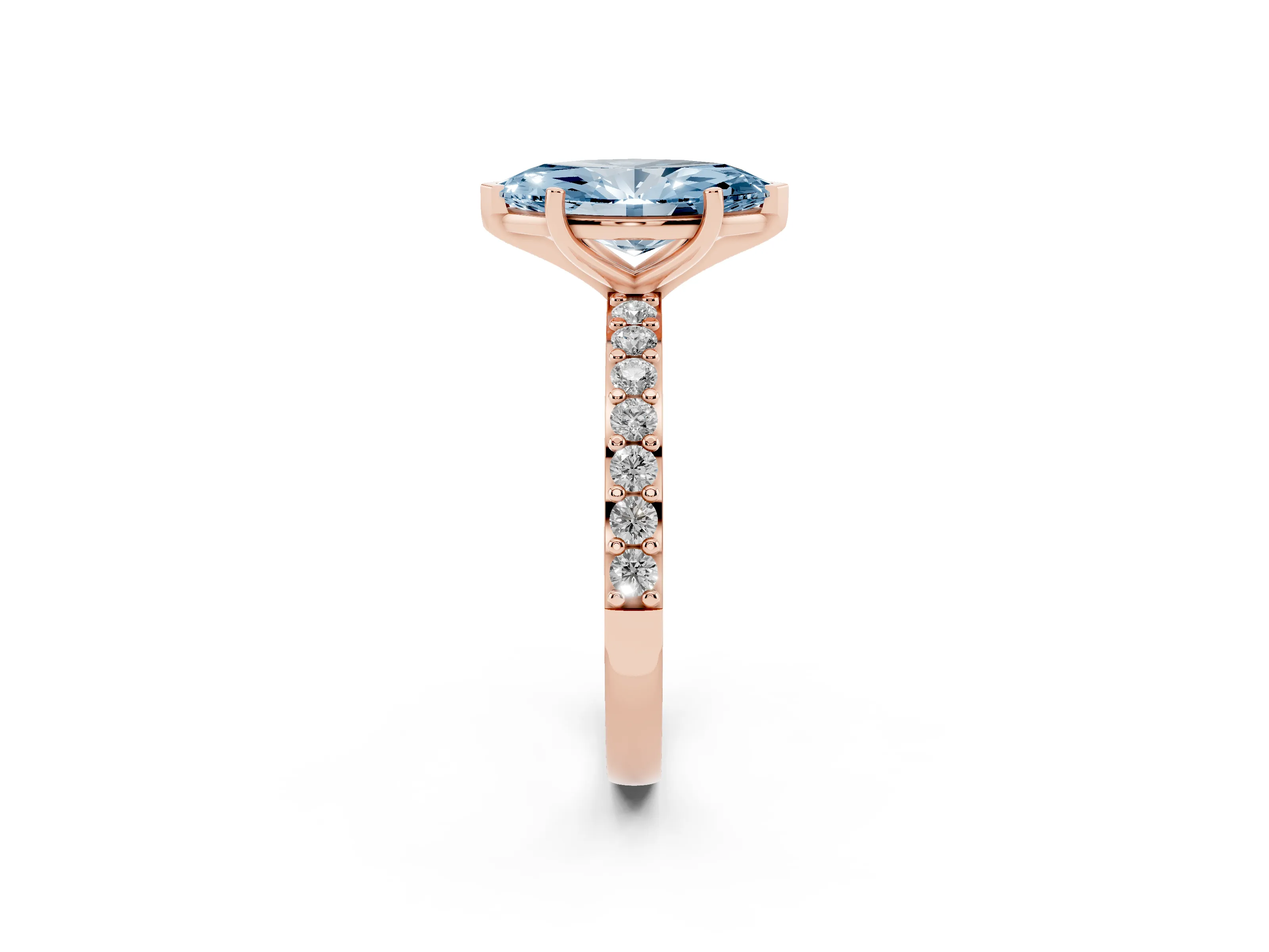 Fancy Blue Marquise Cut Diamond Solitaire Set in Rose gold with Round Pavé Band and Prong Setting