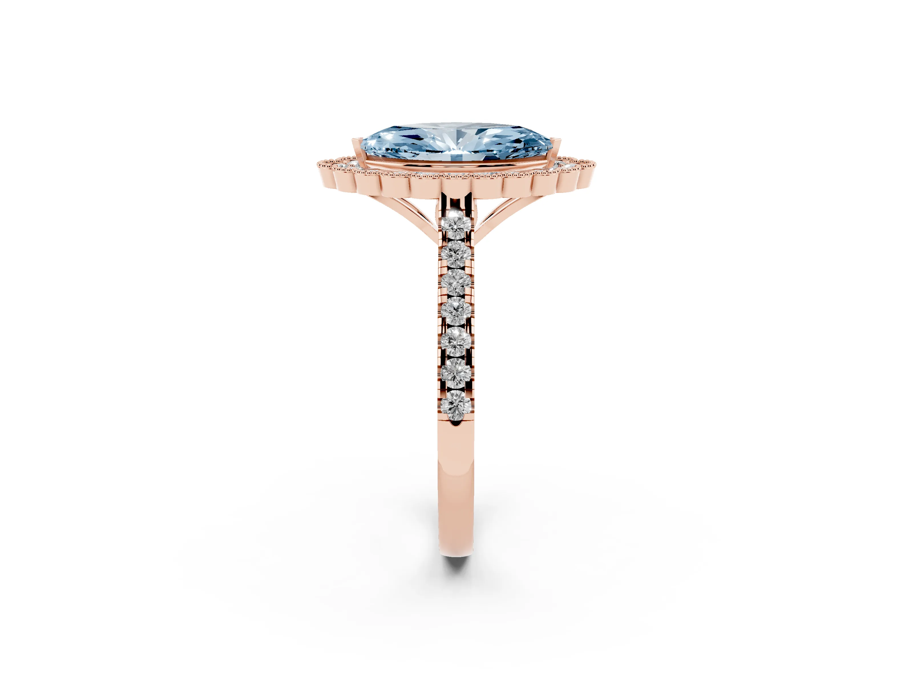 Fancy Blue Marquise Cut Diamond Milgrain Floral Halo Engagement Ring Set in Rose gold with Pavé Band