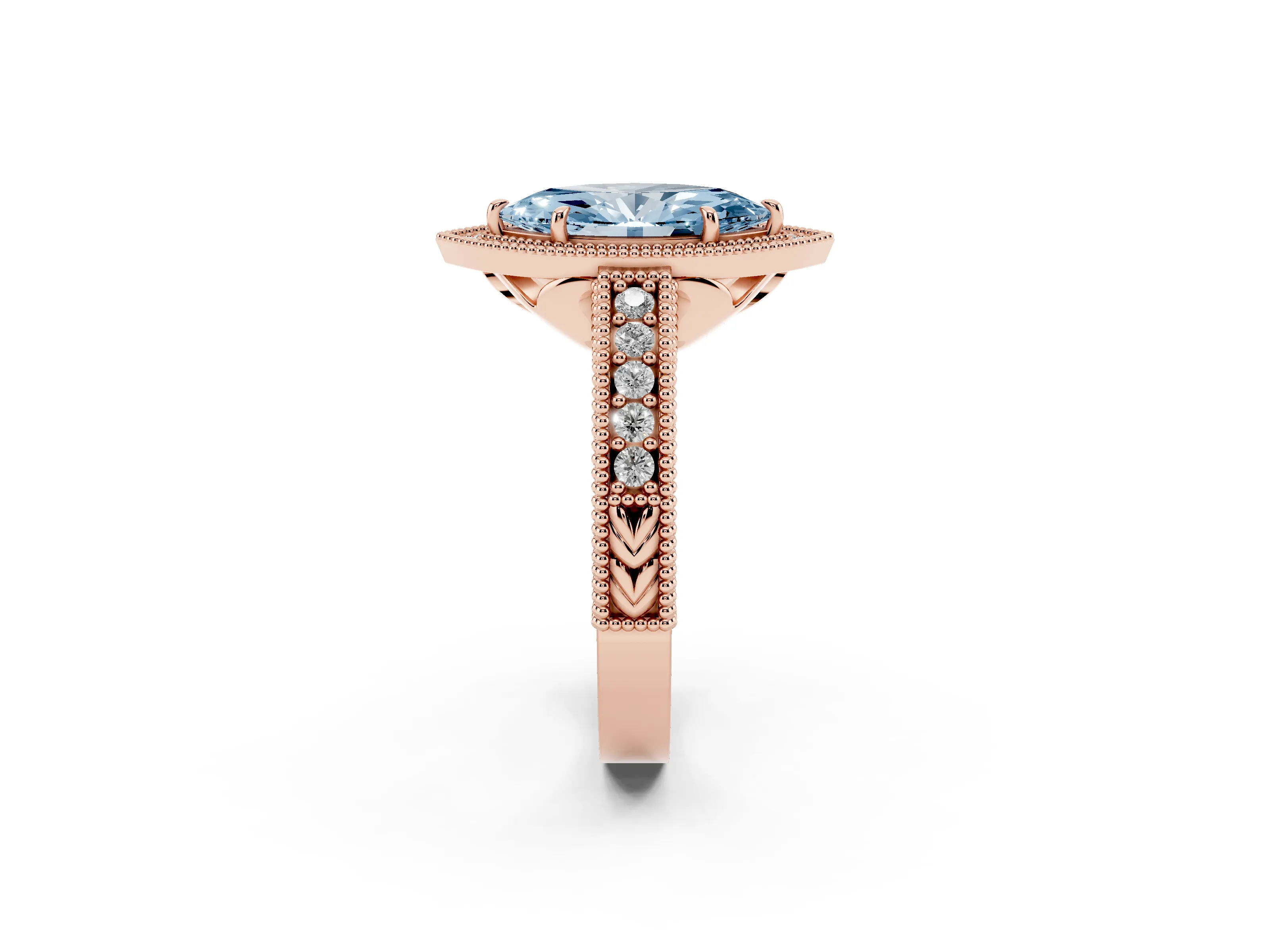 Fancy Blue Marquise Cut Diamond Halo Ring Set in Rose gold with Round Accent Halo, Pavé Band and Prong Setting