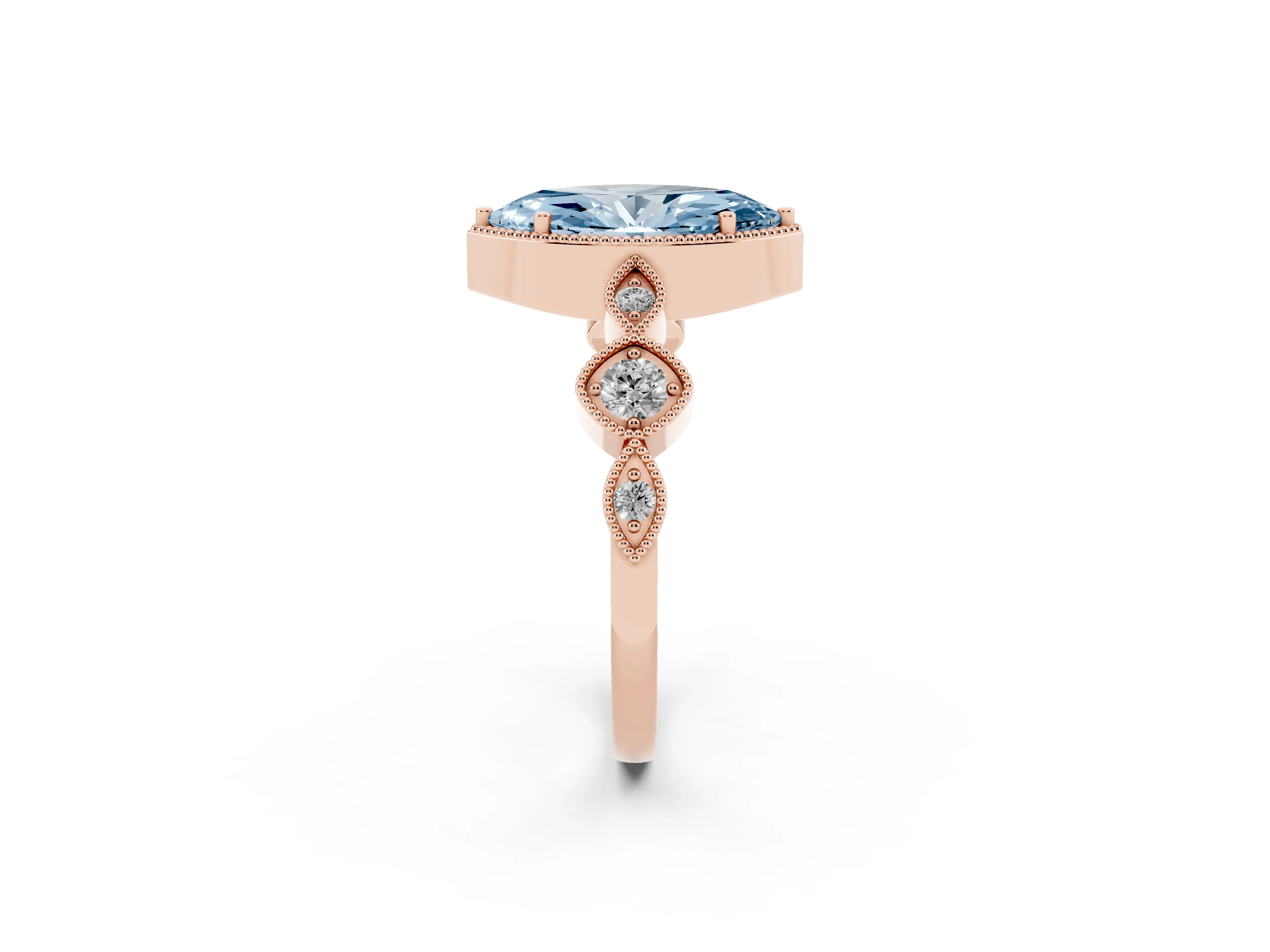 Fancy Blue Marquise Cut Diamond Vintage-Inspired Milgrain Ring Set in Rose gold with Marquise Stations of Round Accents