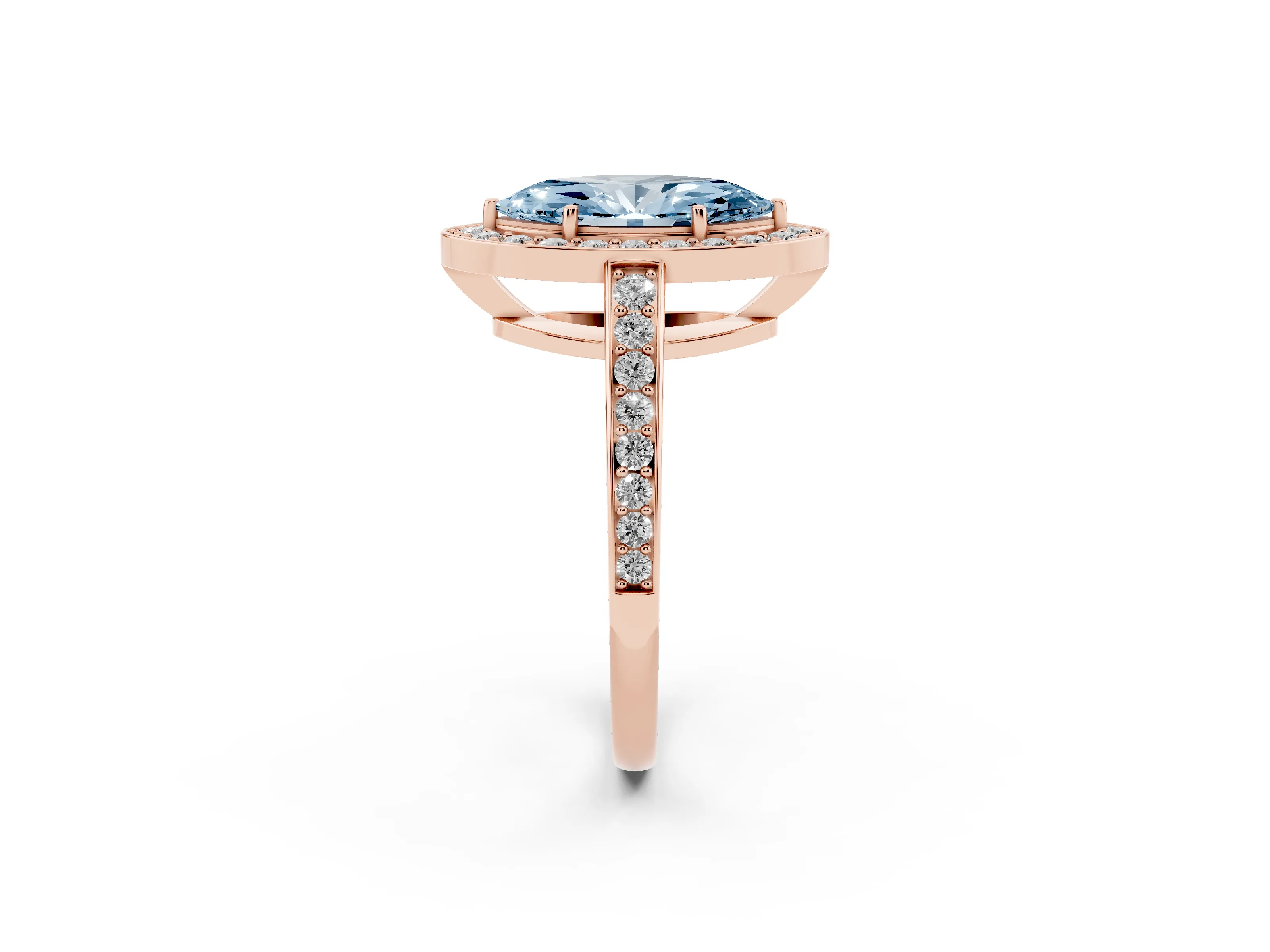 Fancy Blue Marquise Cut Diamond Halo Pavé Engagement Ring Set in Rose gold with Bezel Setting