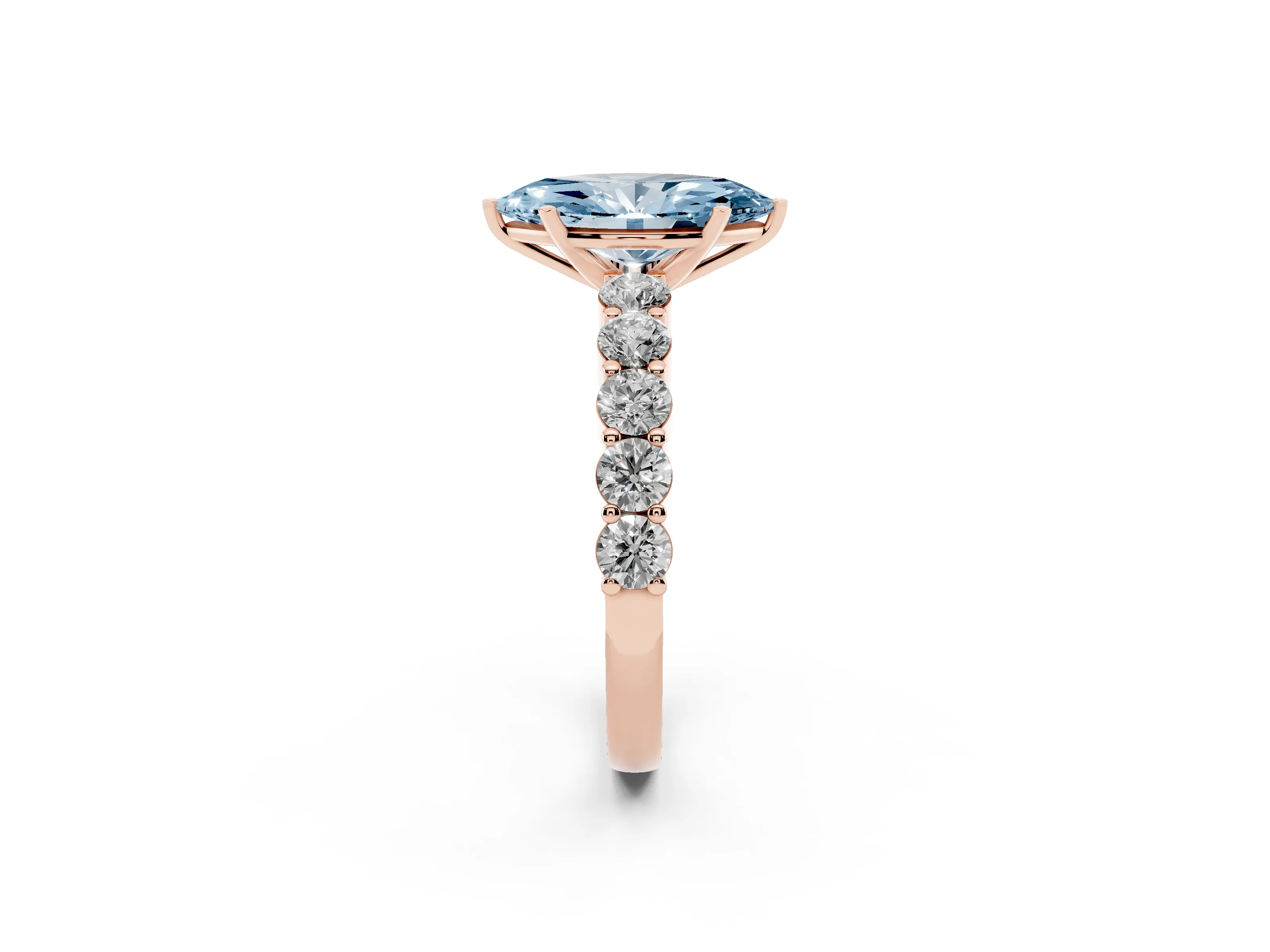 Fancy Blue Marquise Cut Diamond Solitaire Ring Set in Rose gold with Shared Prong Round Side Stones