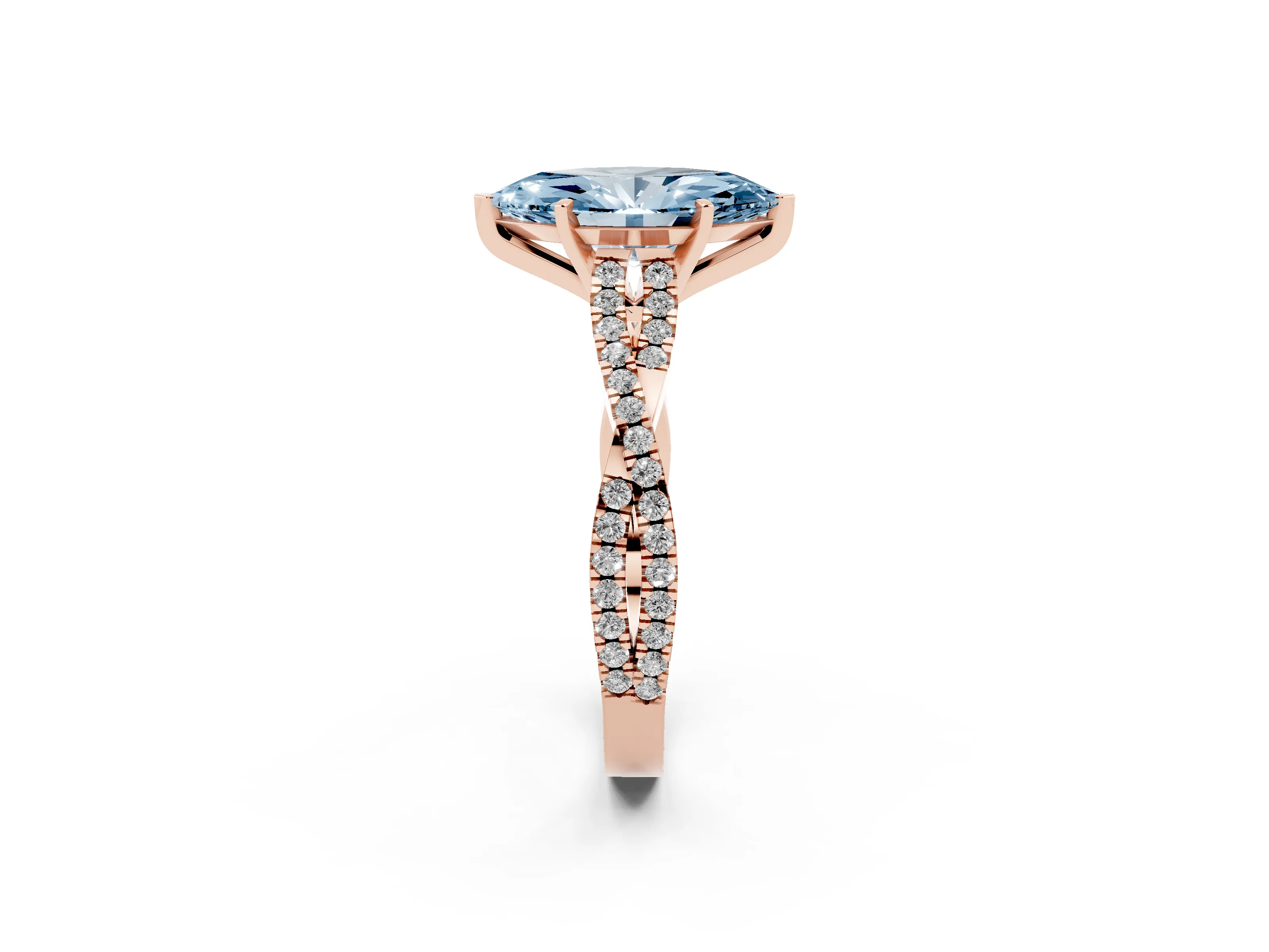 Fancy Blue Marquise Cut Diamond Solitaire Engagement Ring Set in Rose gold with Twisted Pavé Band and Prong Setting