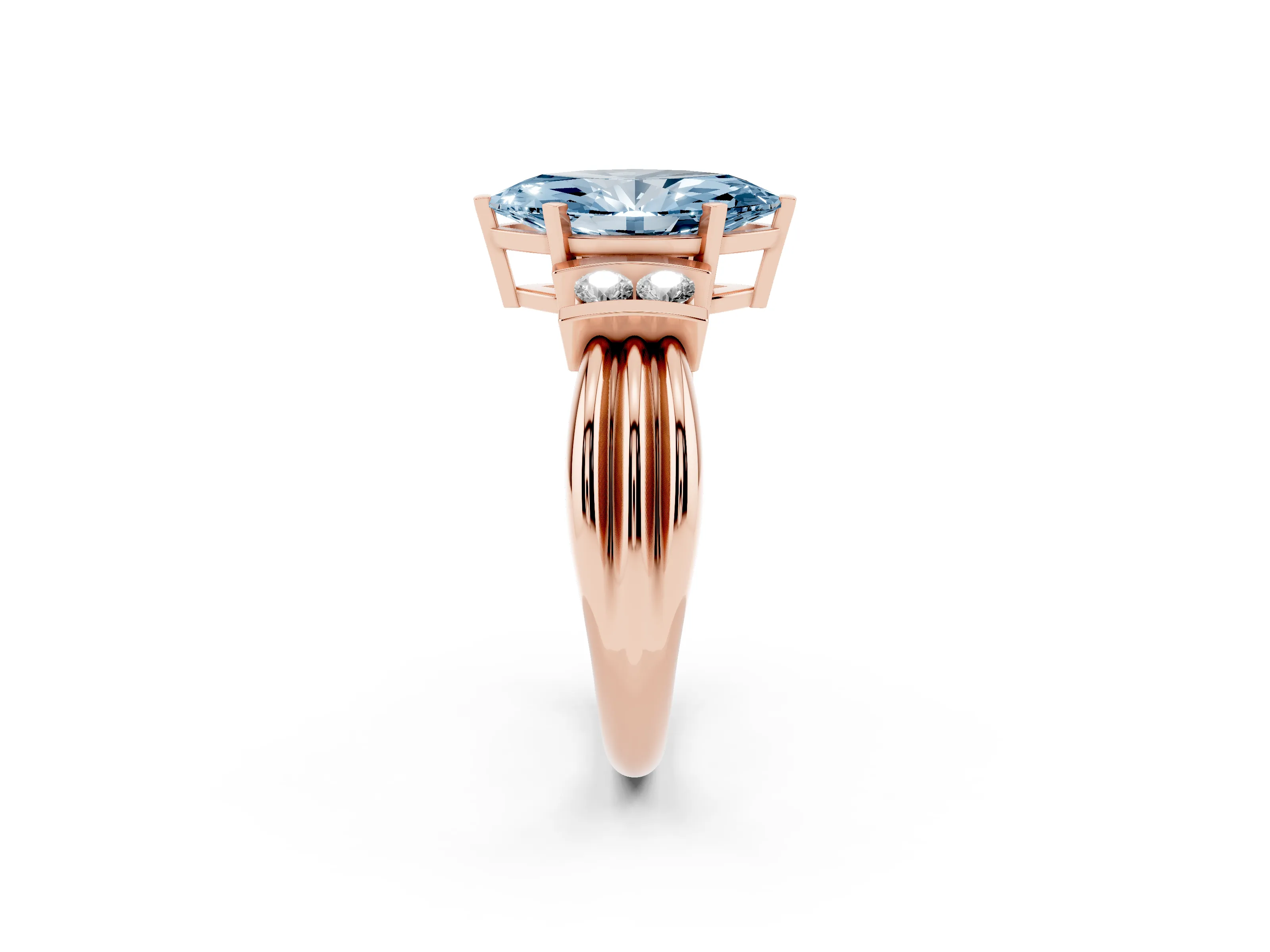 Fancy Blue Three-Stone Marquise Cut Diamond Channel Set Ring Set in Rose gold with Bar Prongs