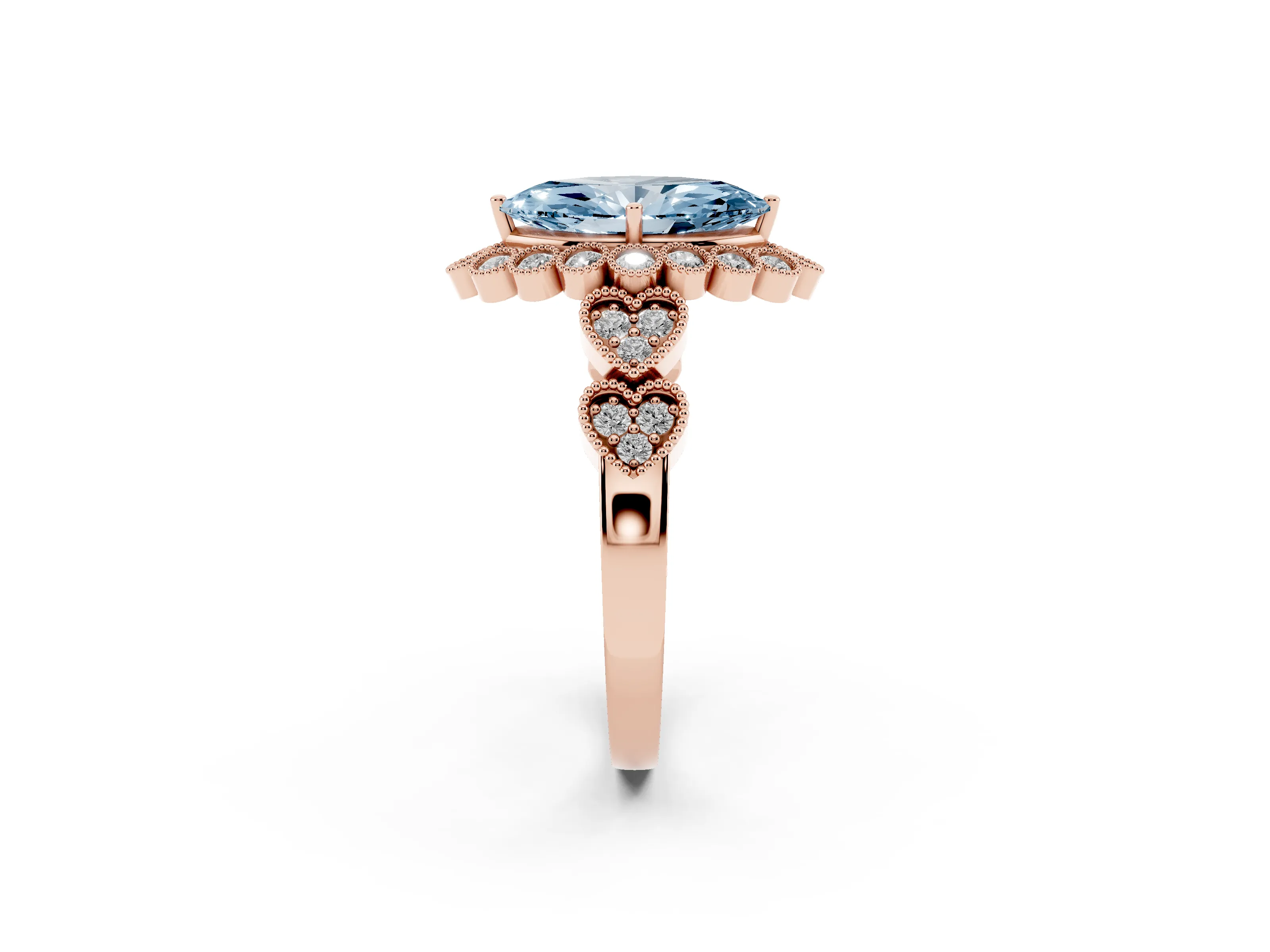 Fancy Blue Marquise Cut Diamond Solitaire Ring Set in Rose gold with Milgrain Pavé Heart Band