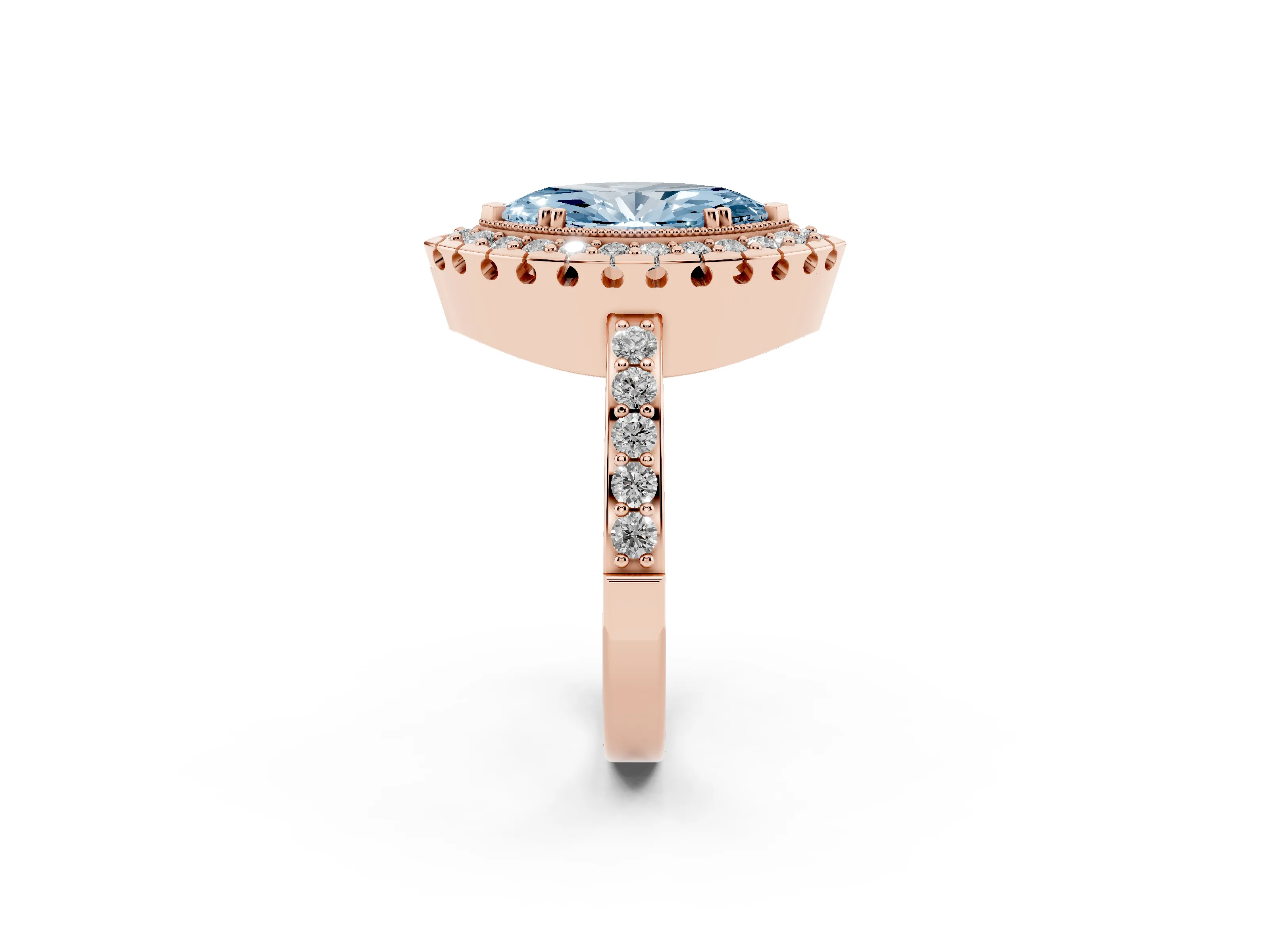 Fancy Blue Marquise Cut Diamond Halo Ring Set in Rose gold with Pavé Shank and Prong Setting