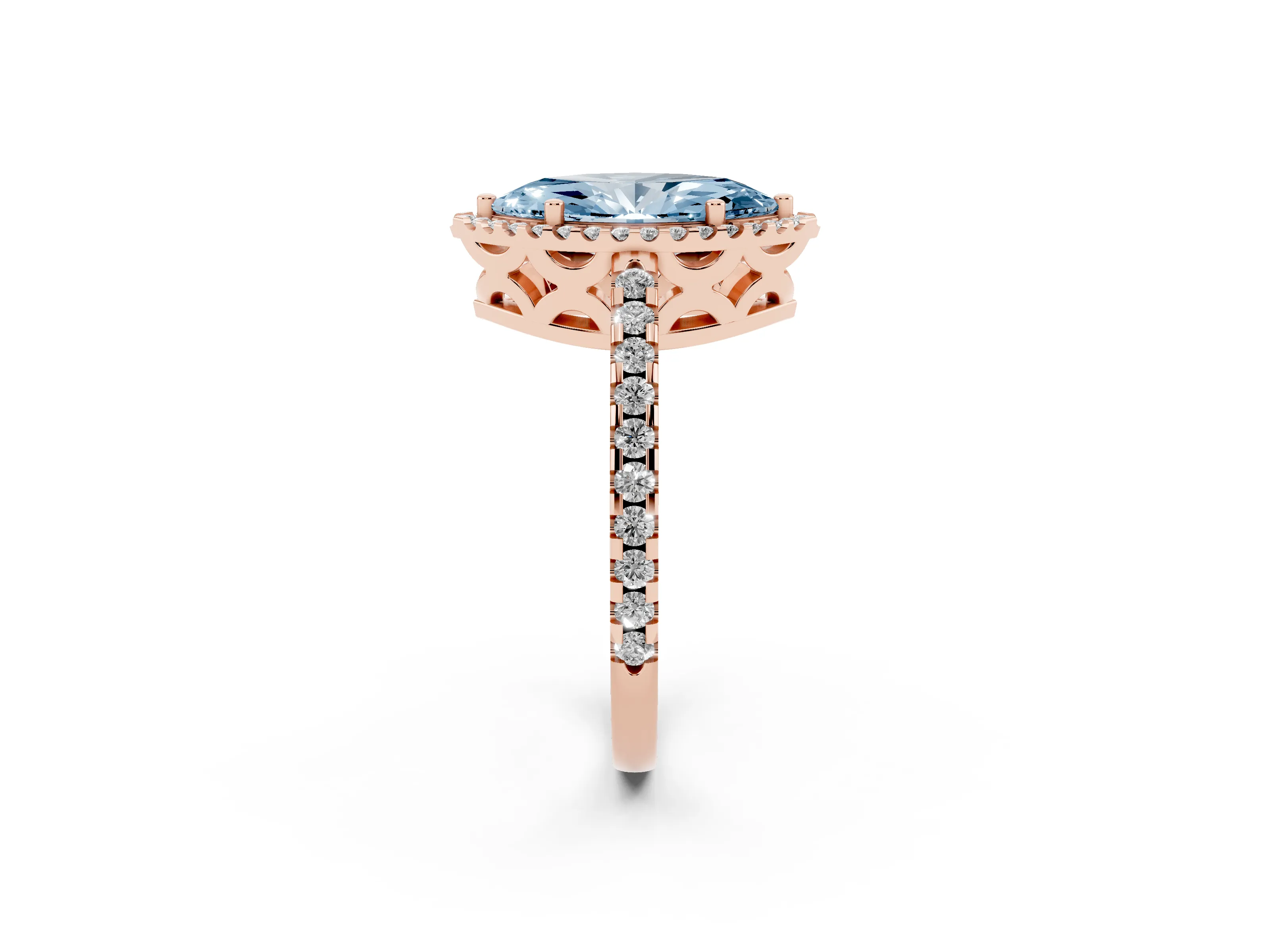 Fancy Blue Marquise Cut Diamond Halo Ring Set in Rose gold with Pavé Shoulders and Halo-Framed Center