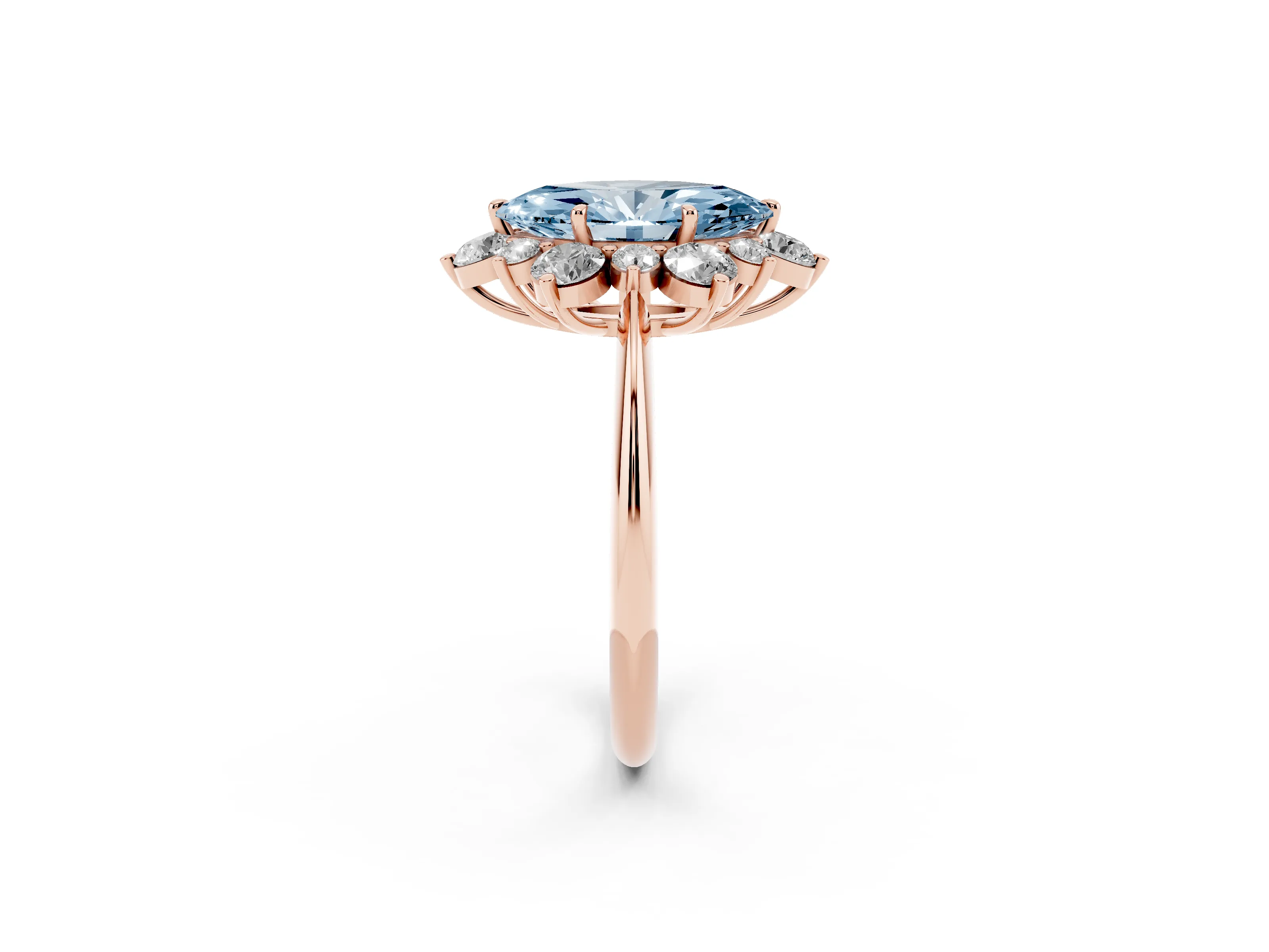 Fancy Blue Marquise Cut Diamond Cluster Halo Ring Set in Rose gold with Solitaire Band and Prong Setting
