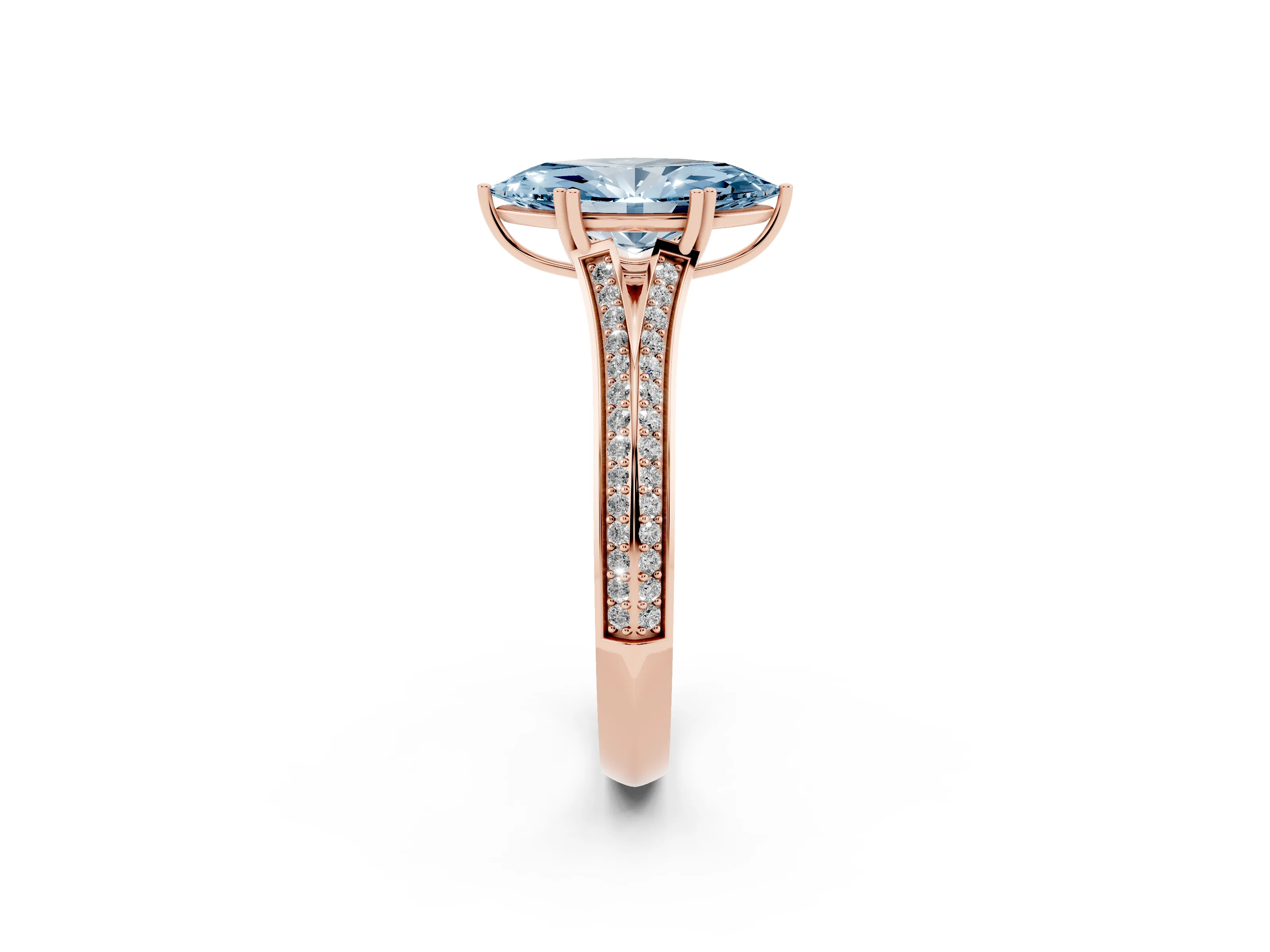 Fancy Blue Marquise Cut Diamond Split Shank Pavé Engagement Ring Set in Rose gold with Prong-Set Center Stone