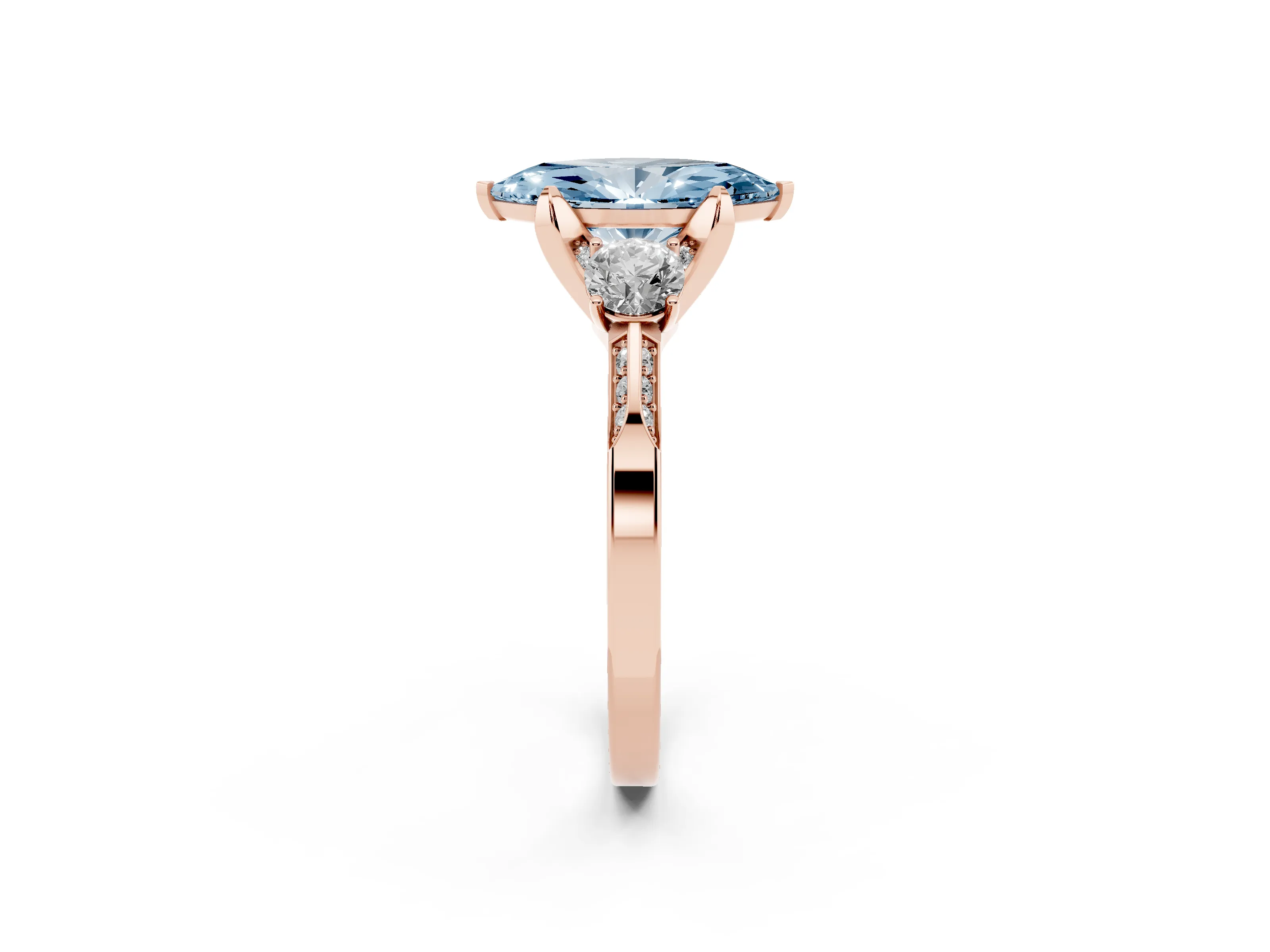 Fancy Blue Marquise Cut Diamond Three-Stone Ring Set in Rose gold with Pavé Band and Smaller Side Stones
