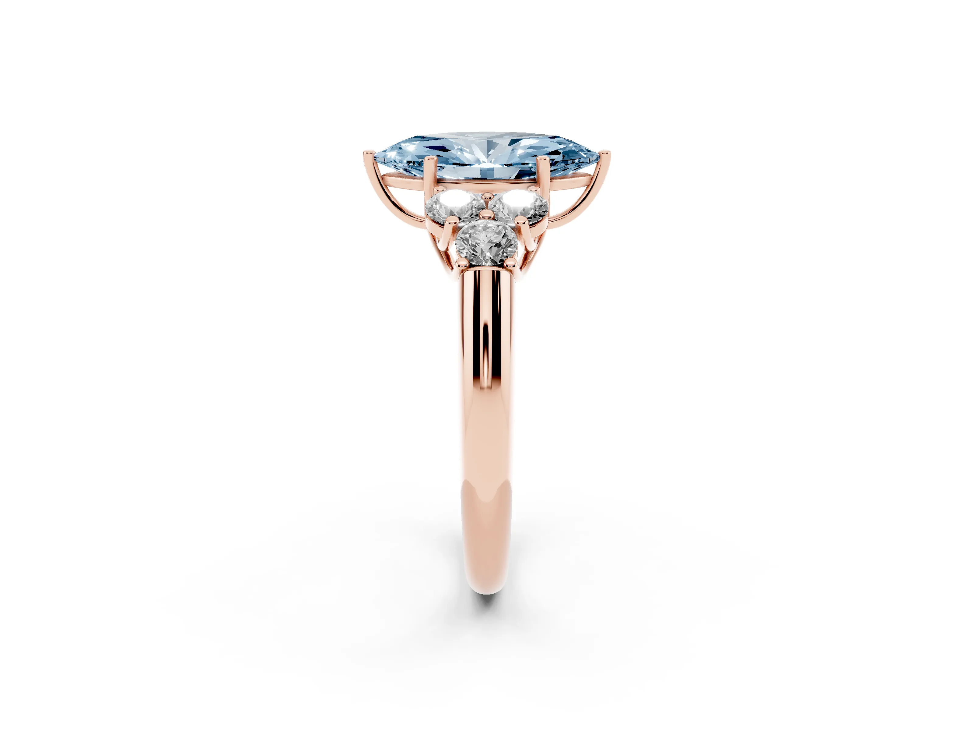 Fancy Blue Marquise Cut Diamond Cluster Ring Set in Rose gold with Round Accent Stones and Prong Setting on a Plain Band