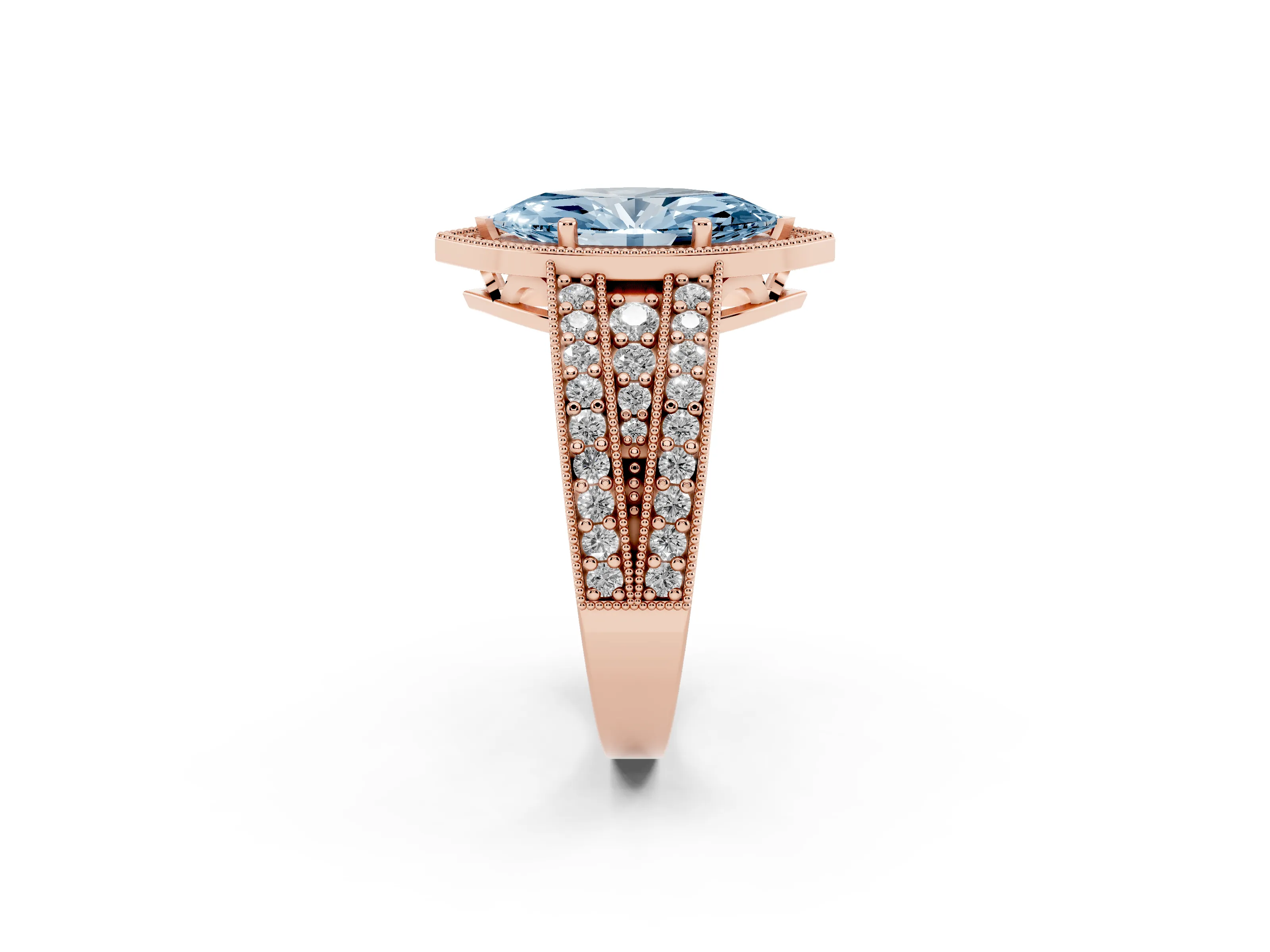 Fancy Blue Marquise Cut Diamond Halo Ring Set in Rose gold with Accent Split Shank and Prong Setting