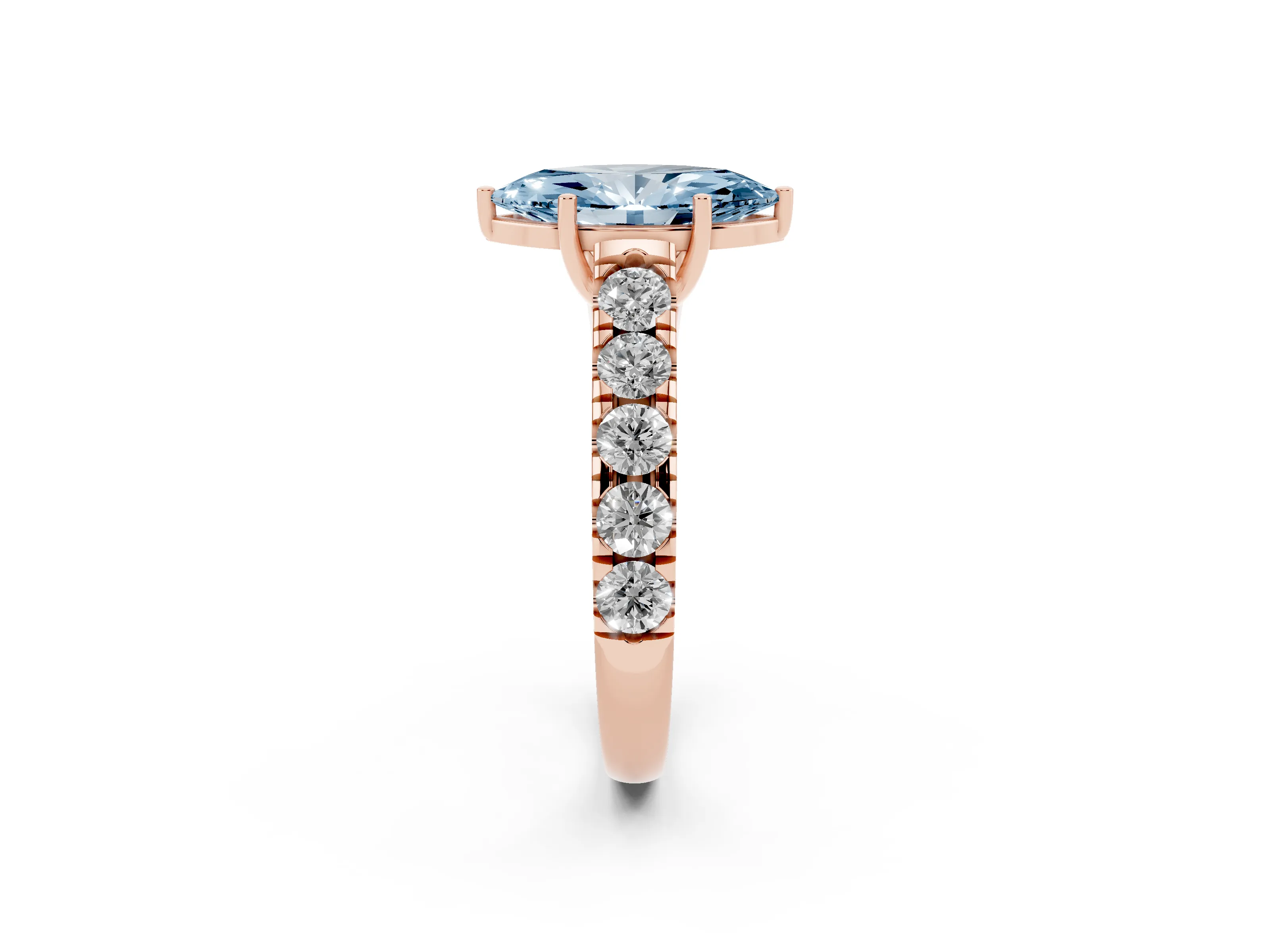 Fancy Blue Marquise Cut Diamond Solitaire Ring Set in Rose gold with Cut-Down Micro Pavé Band and Prong Setting