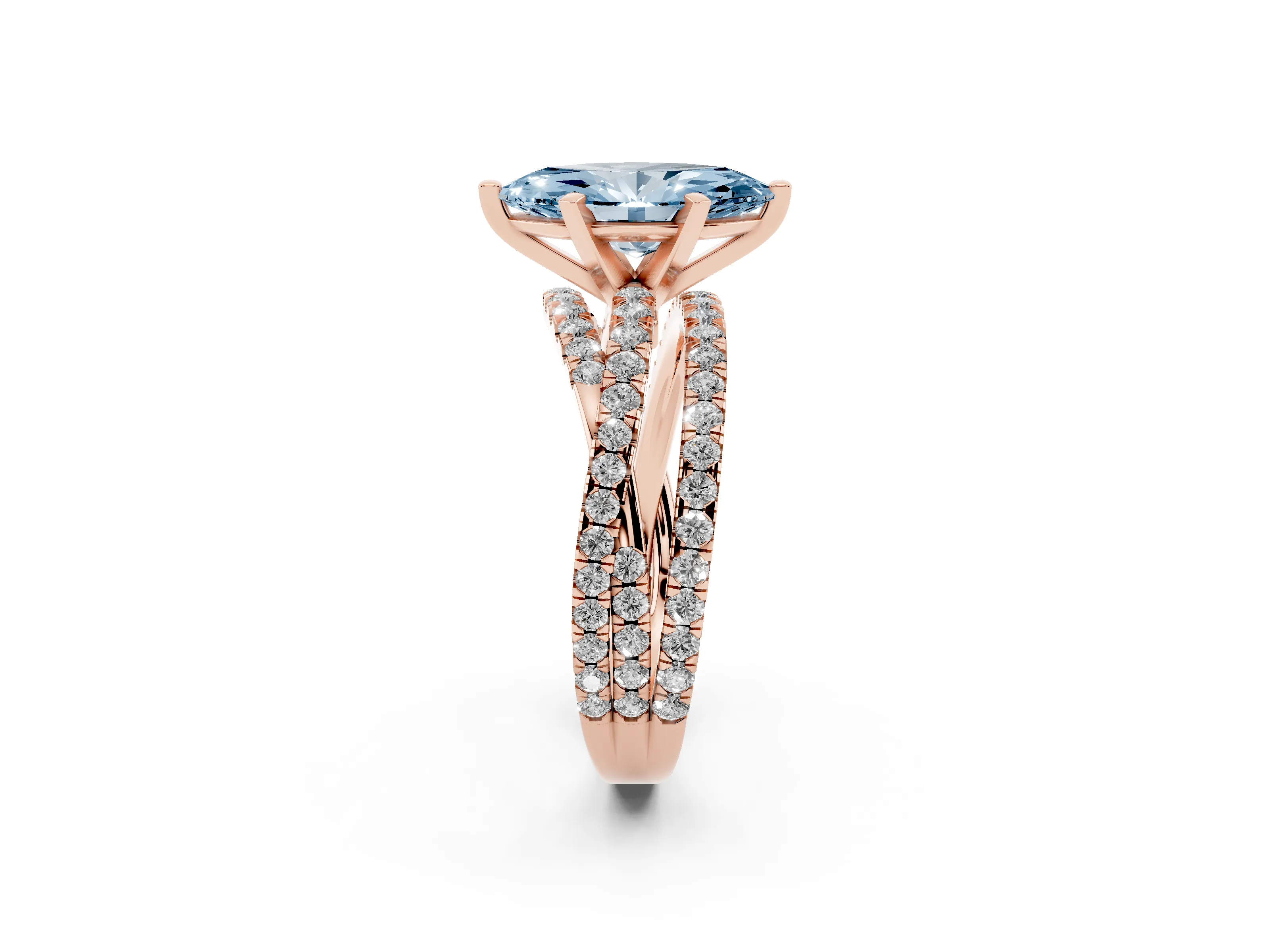 Fancy Blue Marquise Cut Diamond Solitaire Twist Band Ring Set in Rose gold with Pavé Setting and Prong Head