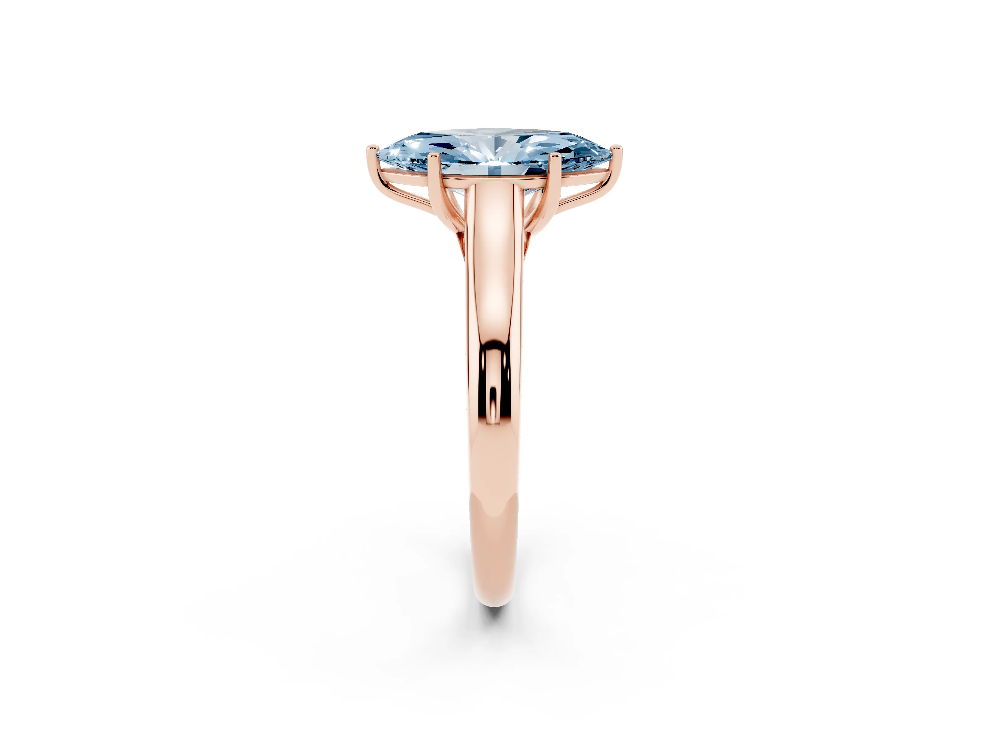 Fancy Blue Marquise Cut Diamond Solitaire Engagement Ring Set in Rose gold with Subtly Tapered Band and Prong Setting