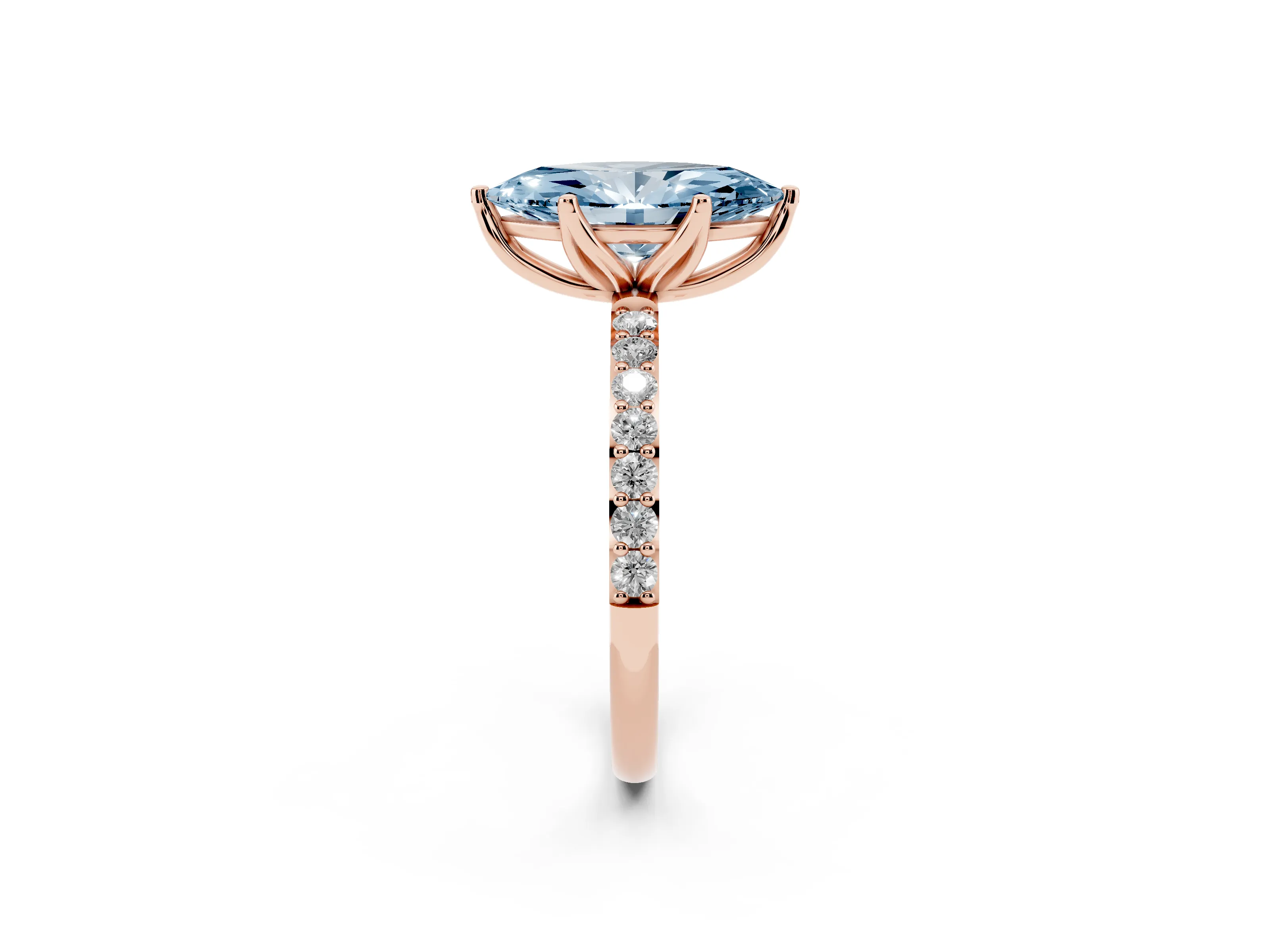 Fancy Blue Marquise Cut Diamond Solitaire Engagement Ring Set in Rose gold with Round Pavé Band and Prong Setting